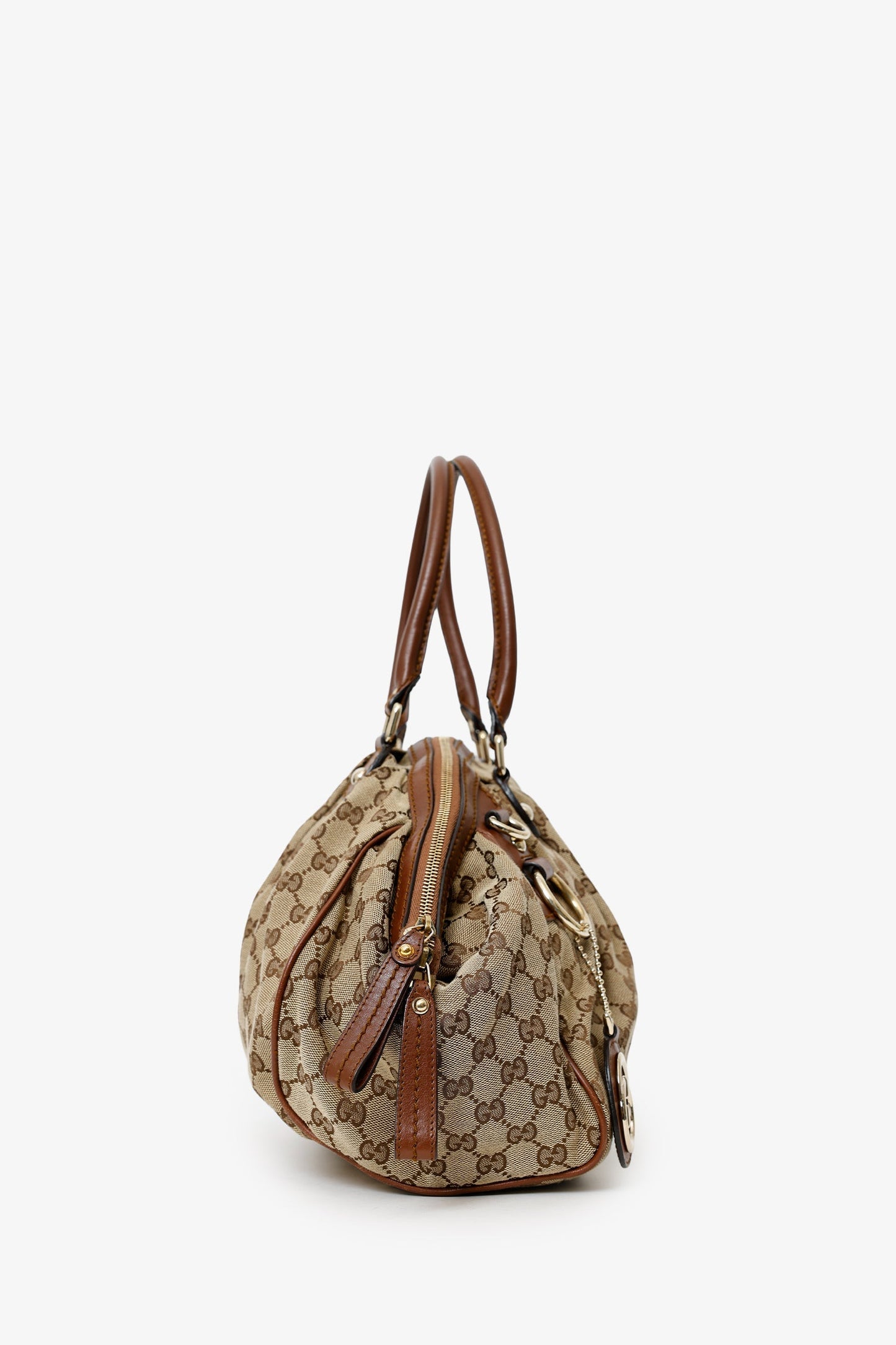 Gucci Beige/Brown GG Canvas Leather Trimmed Sukey Top Handle With Strap