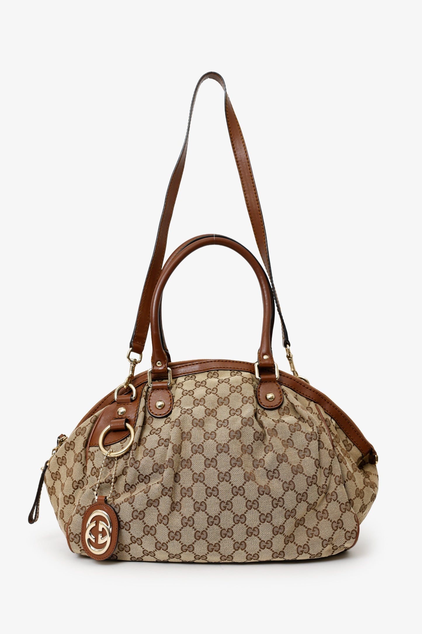 Gucci Beige/Brown GG Canvas Leather Trimmed Sukey Top Handle With Strap