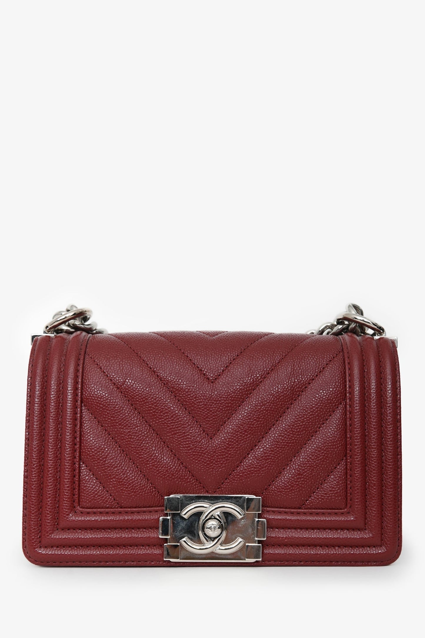 Chanel™ 2020/21 Burgundy Caviar Chevron Small Boy Bag