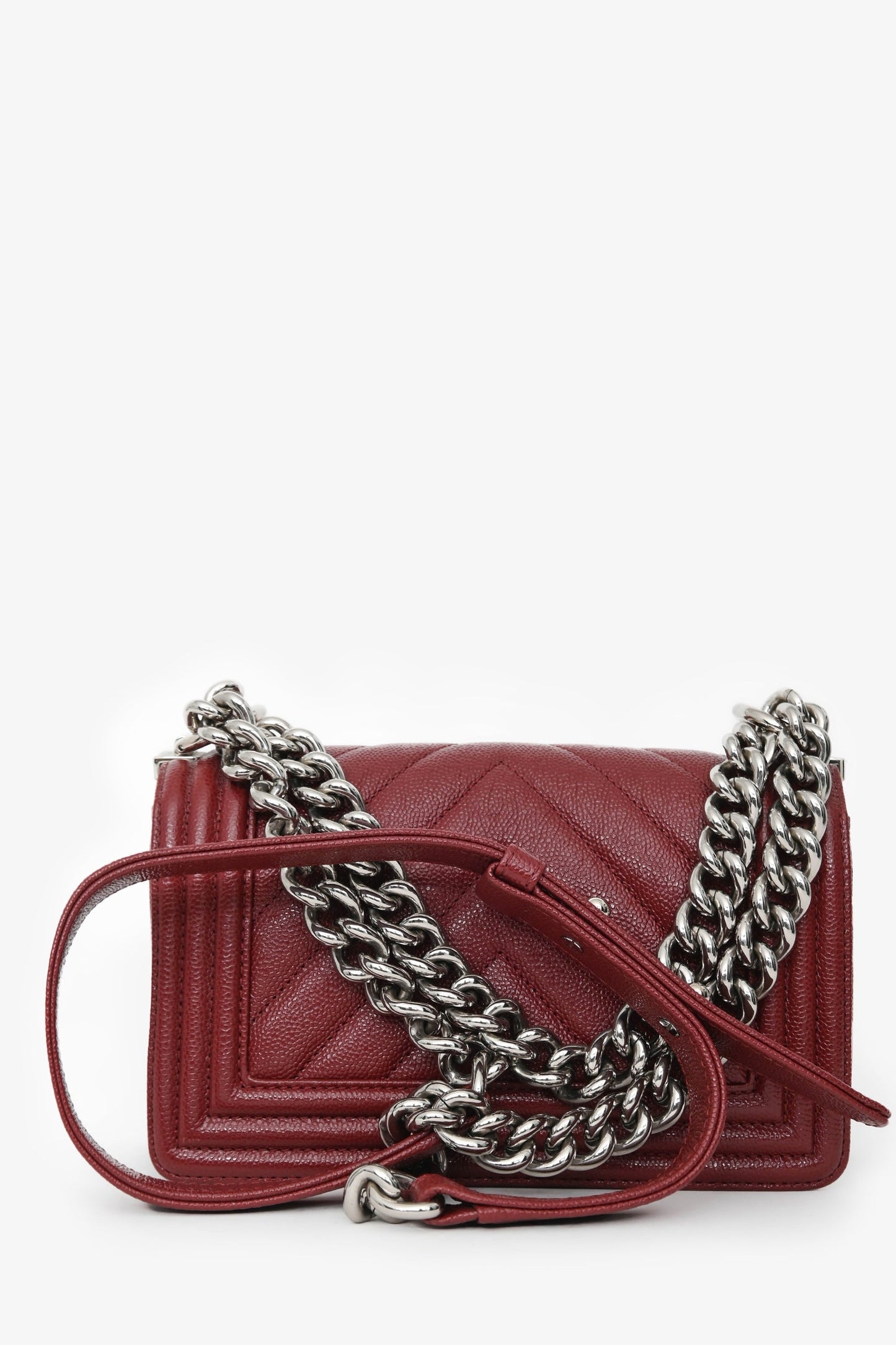 Chanel™ 2020/21 Burgundy Caviar Chevron Small Boy Bag