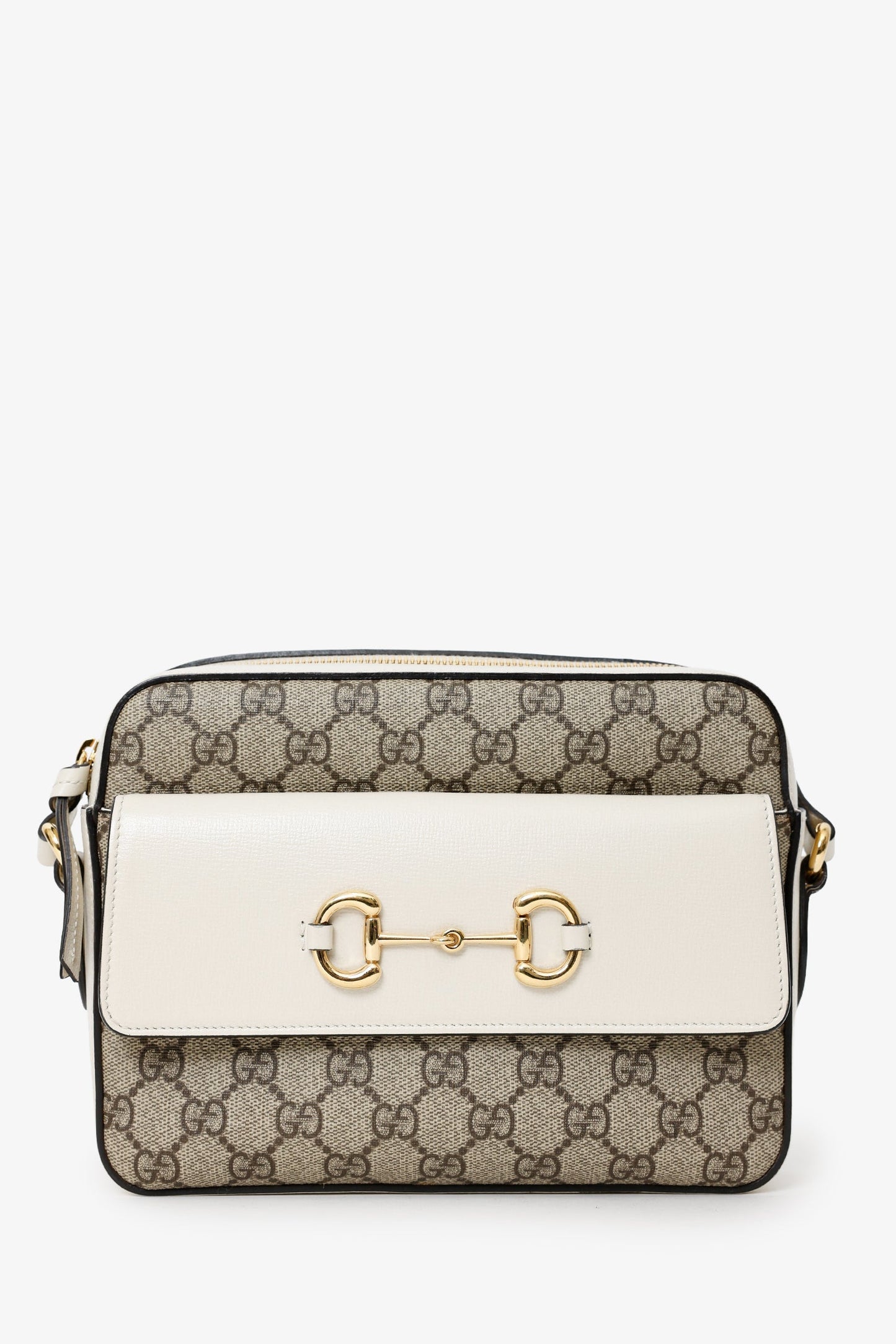Gucci White Leather GG Supreme Horsebit 1955 Crossbody Bag
