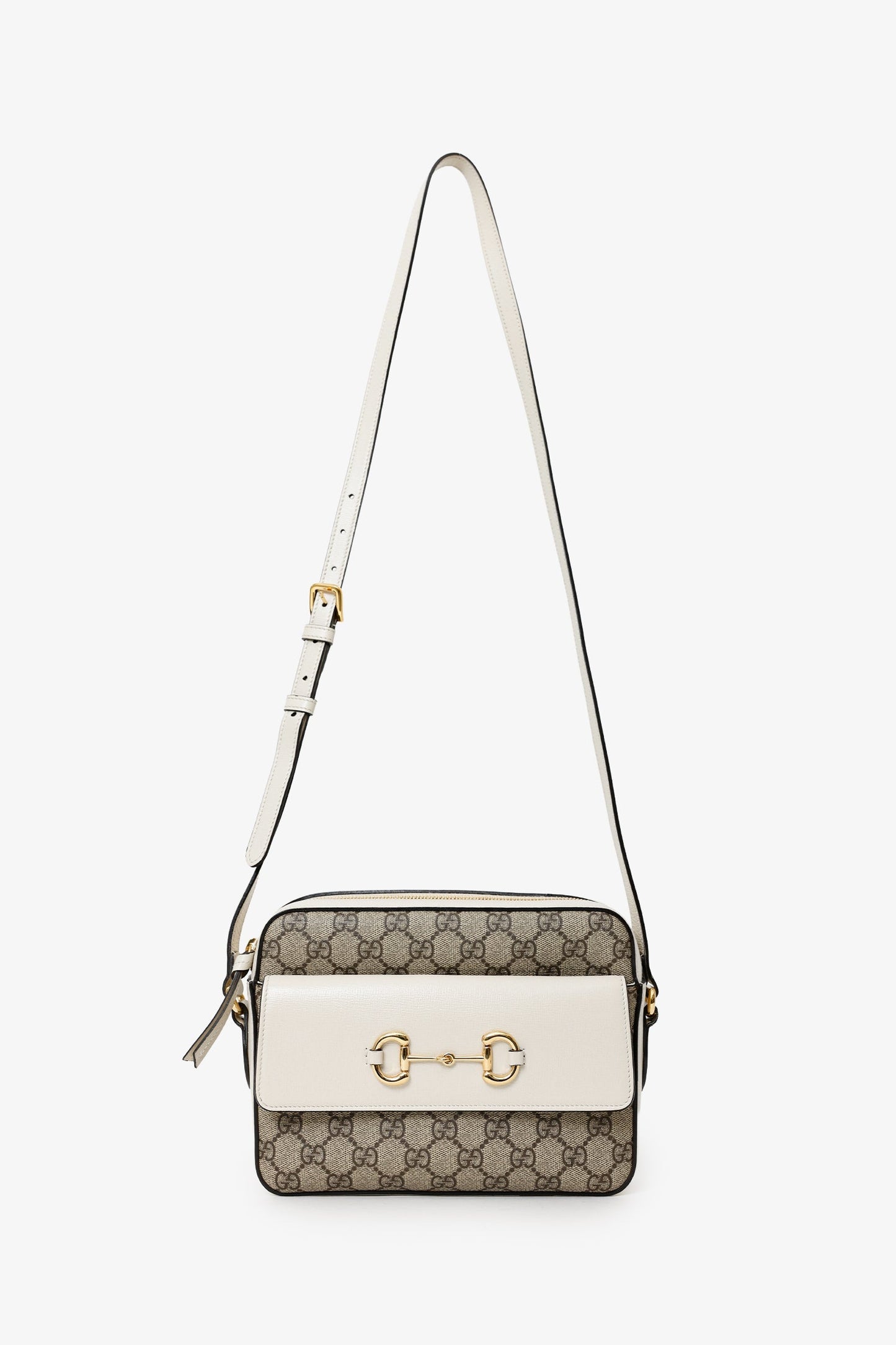 Gucci White Leather GG Supreme Horsebit 1955 Crossbody Bag
