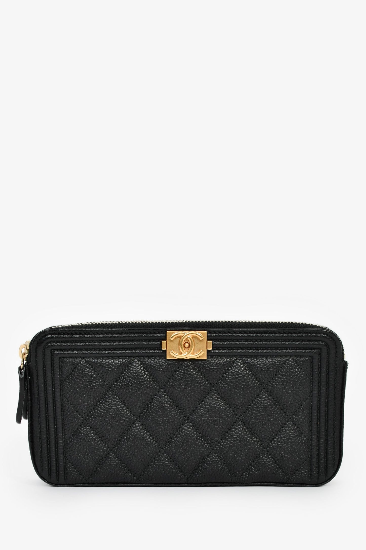 Chanel™ 2016 Black Caviar Boy Double Zip Wallet On Chain
