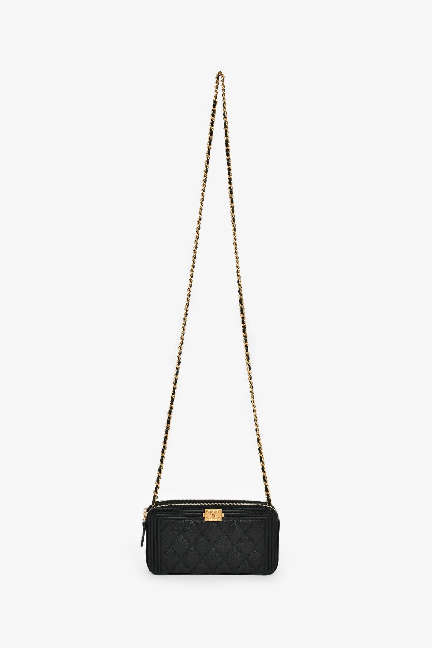 Chanel™ 2016 Black Caviar Boy Double Zip Wallet On Chain