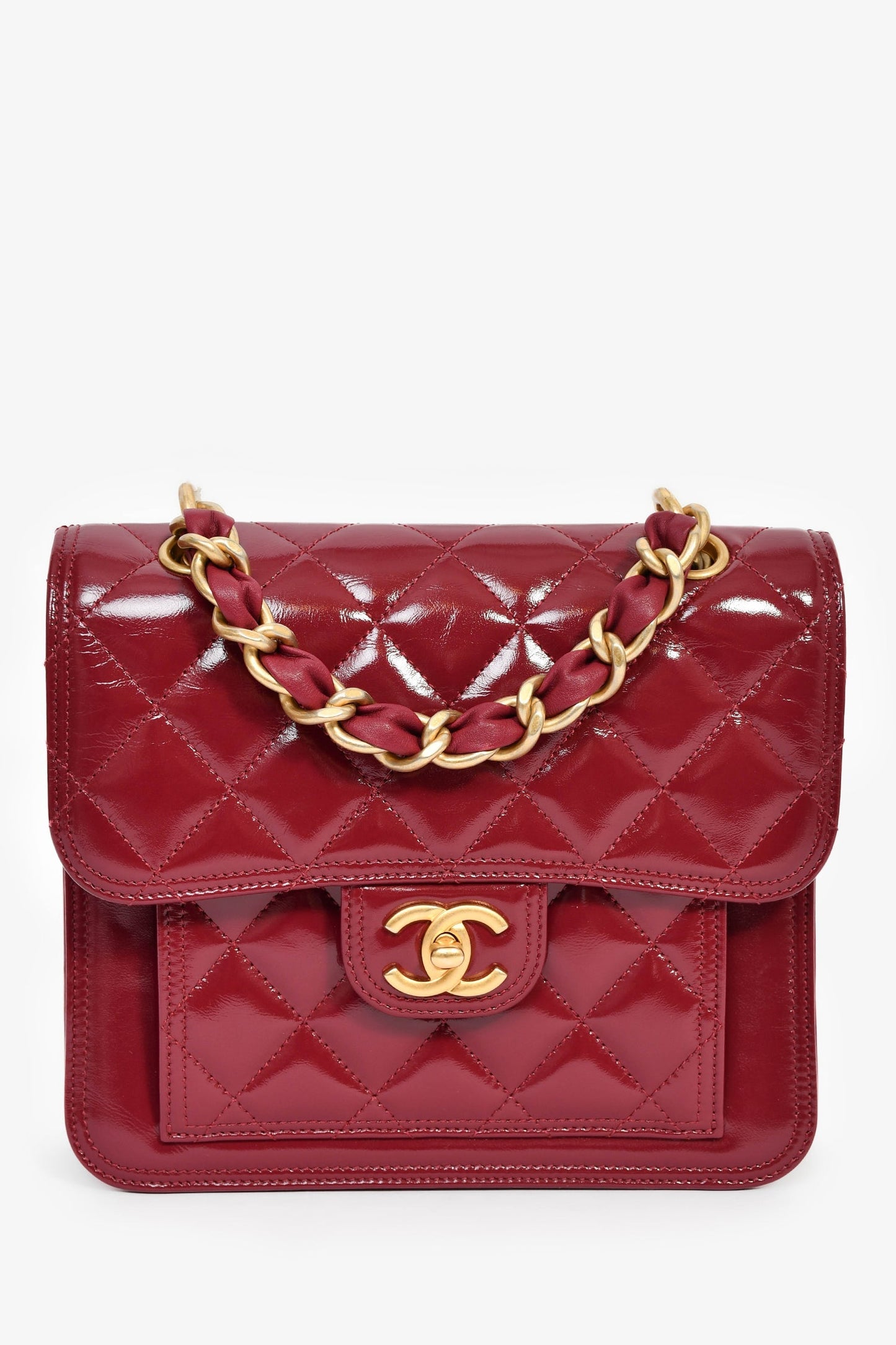 Chanel™ 2023 Raspberry Patent Quilted Leather Square Chain Bag