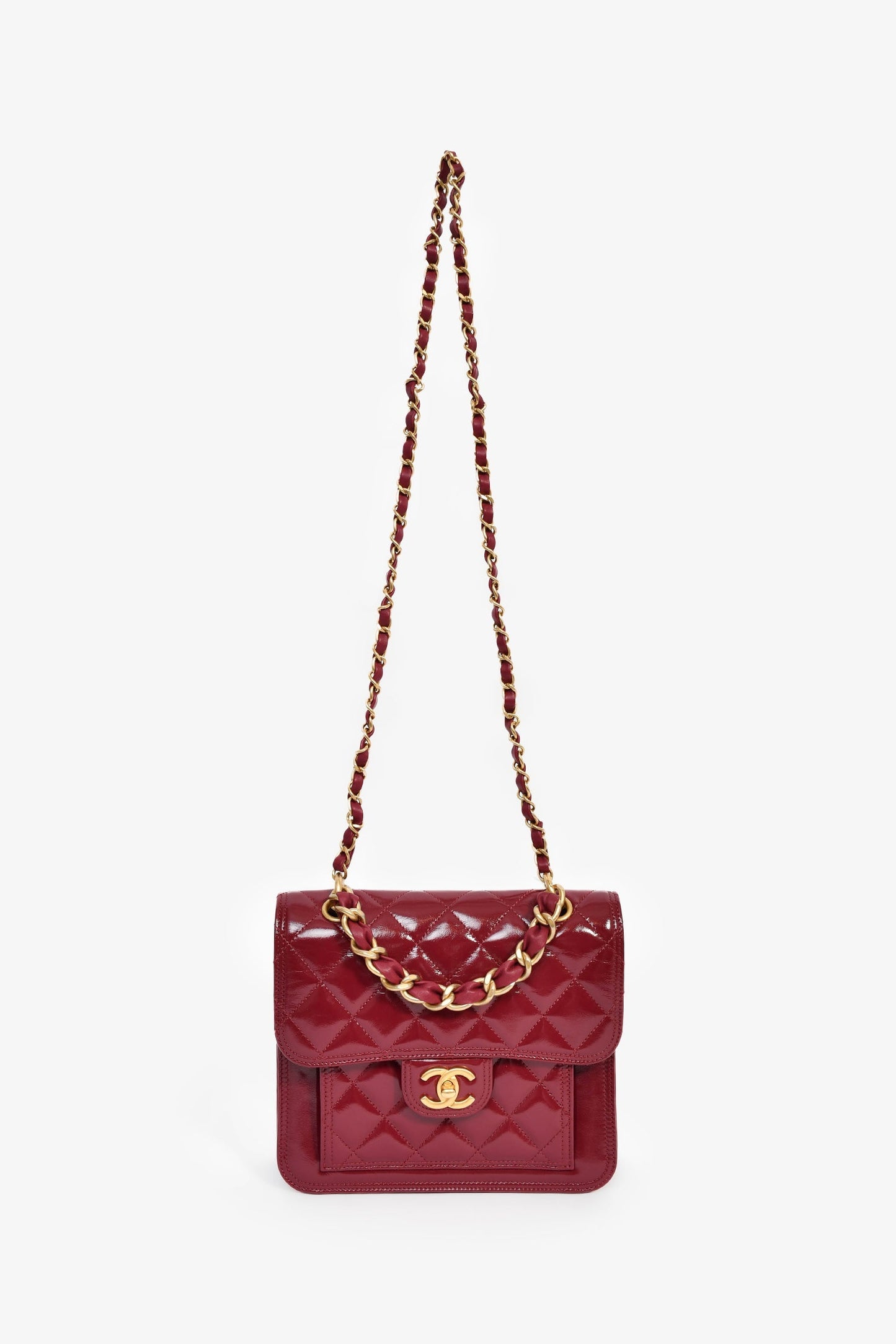 Chanel™ 2023 Raspberry Patent Quilted Leather Square Chain Bag