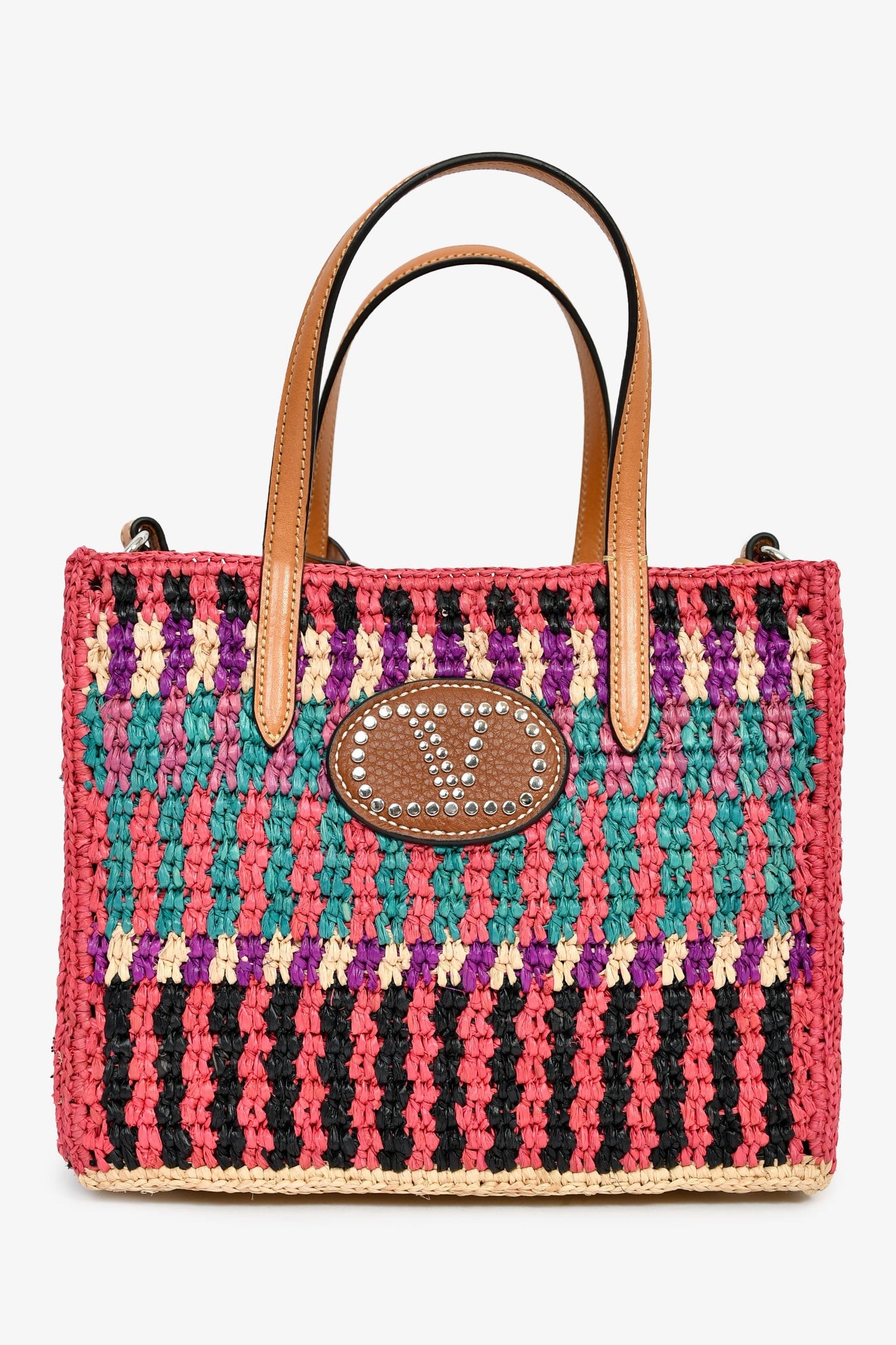 Valentino Pink/Multicolour Raffia VLogo Tote Bag with Pouch
