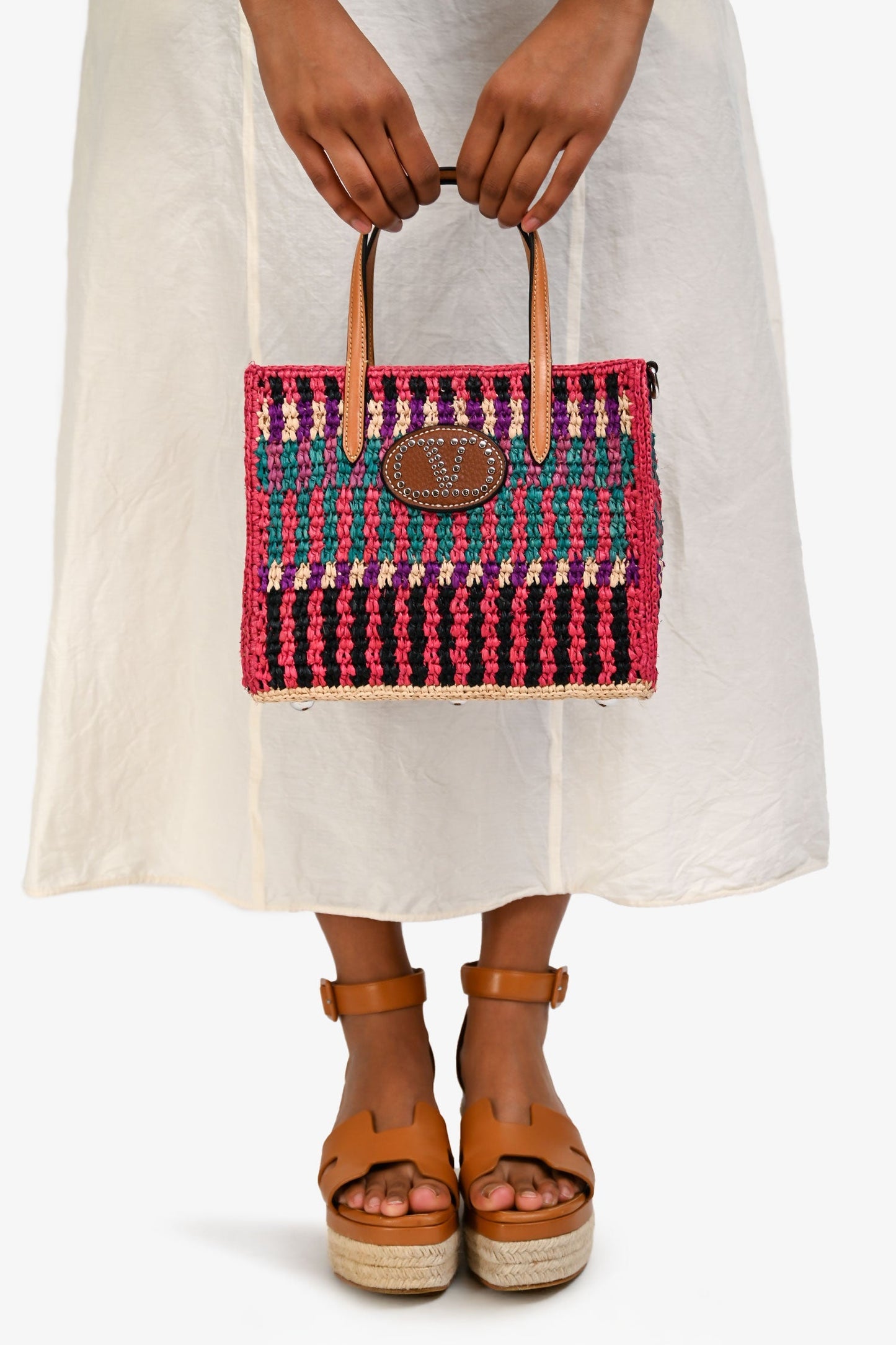 Valentino Pink/Multicolour Raffia VLogo Tote Bag with Pouch