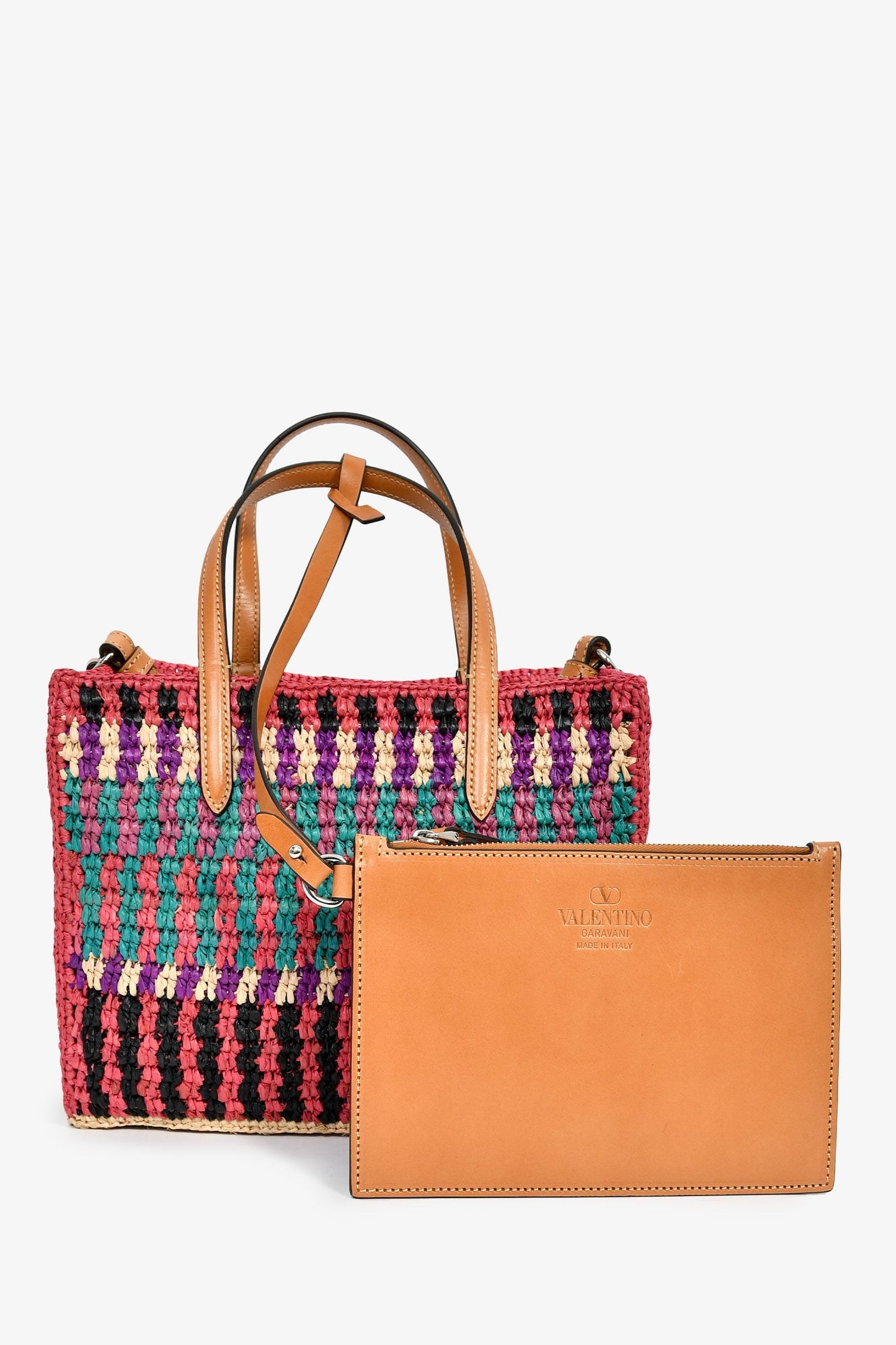 Valentino Pink/Multicolour Raffia VLogo Tote Bag with Pouch