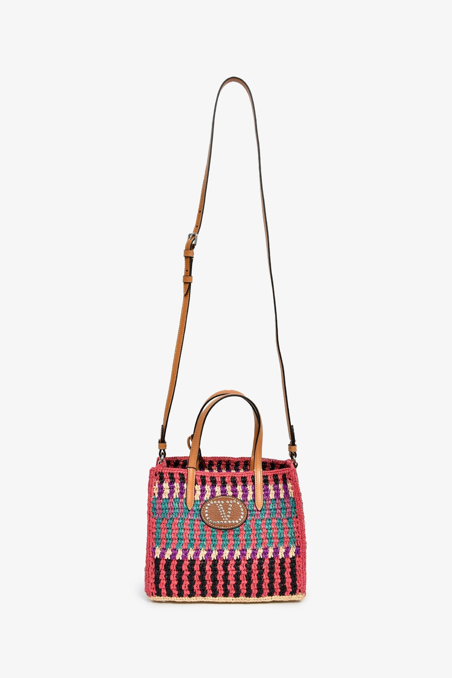 Valentino Pink/Multicolour Raffia VLogo Tote Bag with Pouch