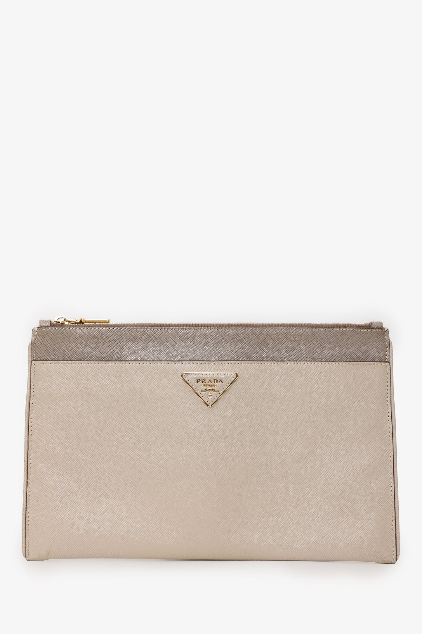 Prada Taupe Saffiano Leather Zippered Clutch