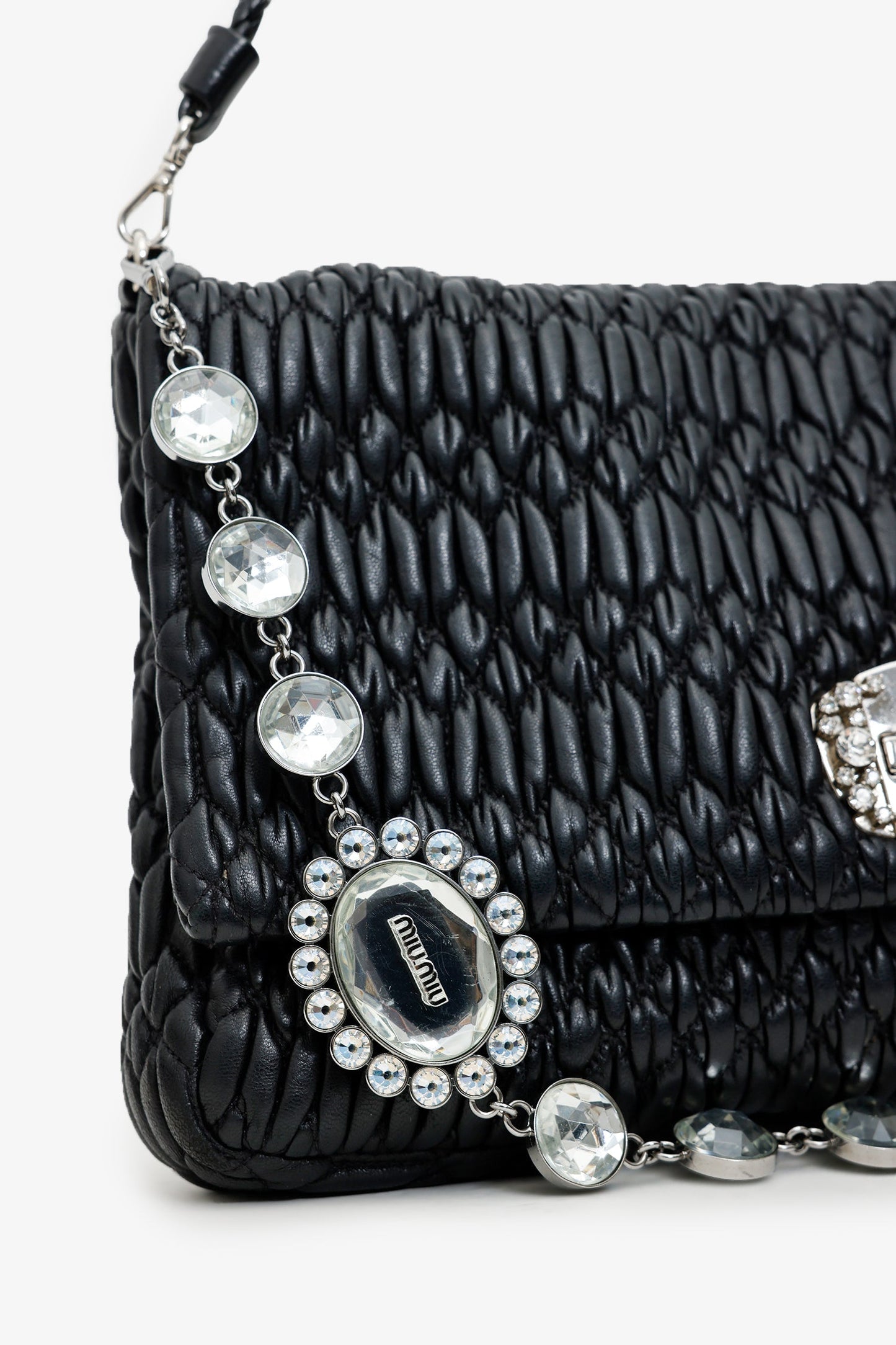 Miu Miu Black Matelasse Nappa Leather Crystal Embellished Shoulder Bag With Strap