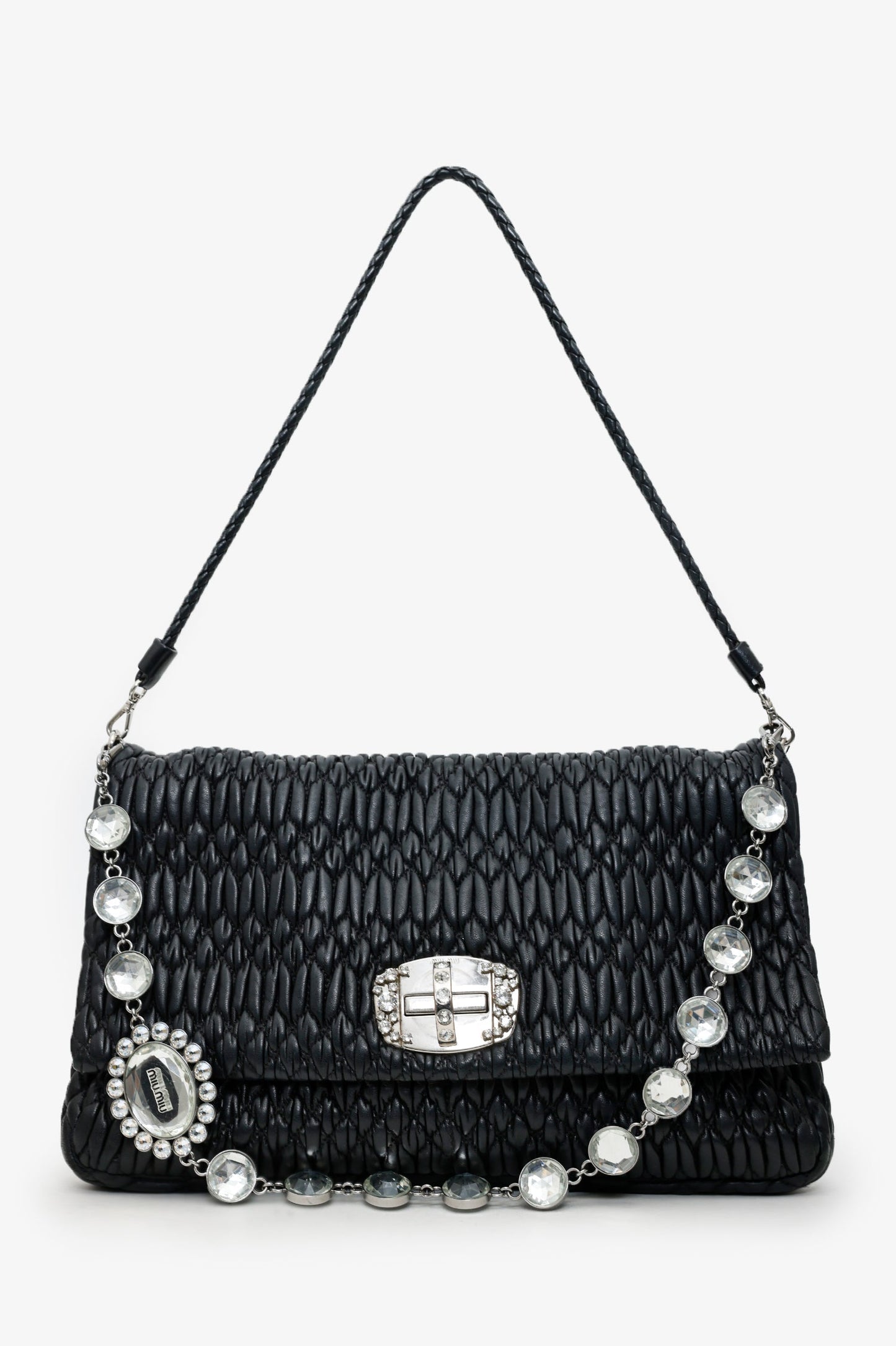 Miu Miu Black Matelasse Nappa Leather Crystal Embellished Shoulder Bag With Strap