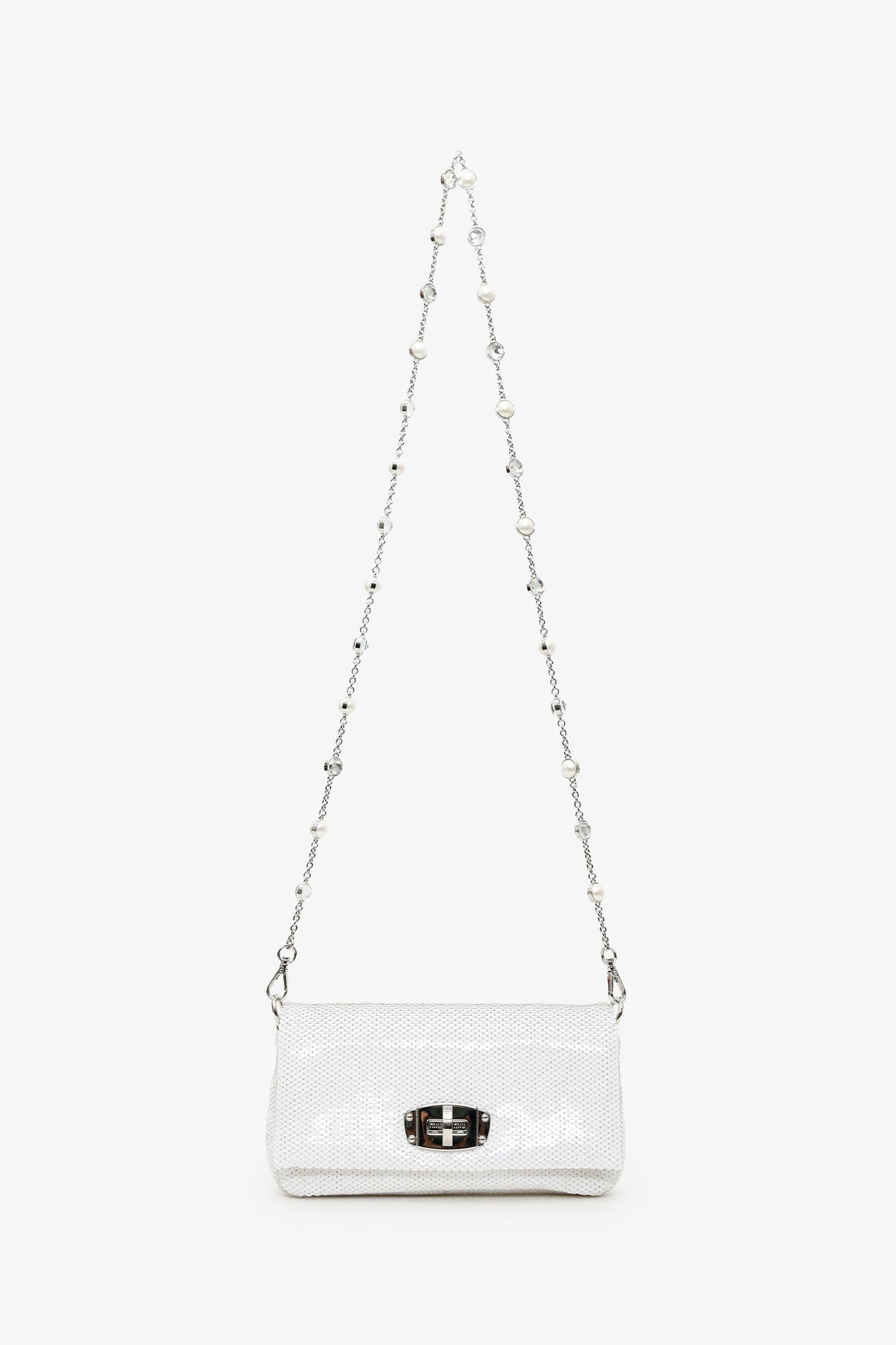 Miu Miu White Sequin Pearl Crystal Embellished Crossbody Bag