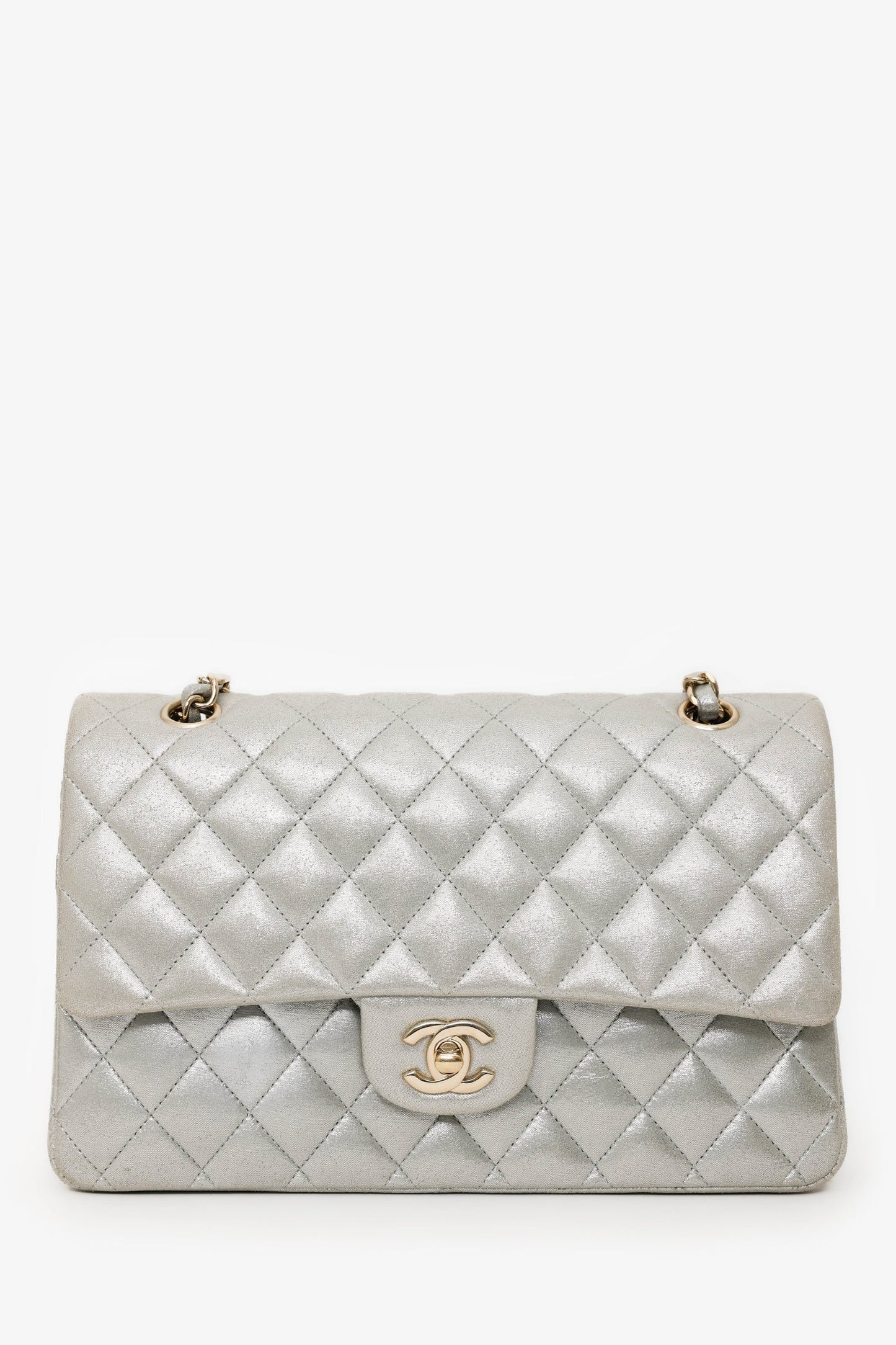 Chanel™ 2011-12 Silver Metallic Fabric Small Classic Double Flap Bag