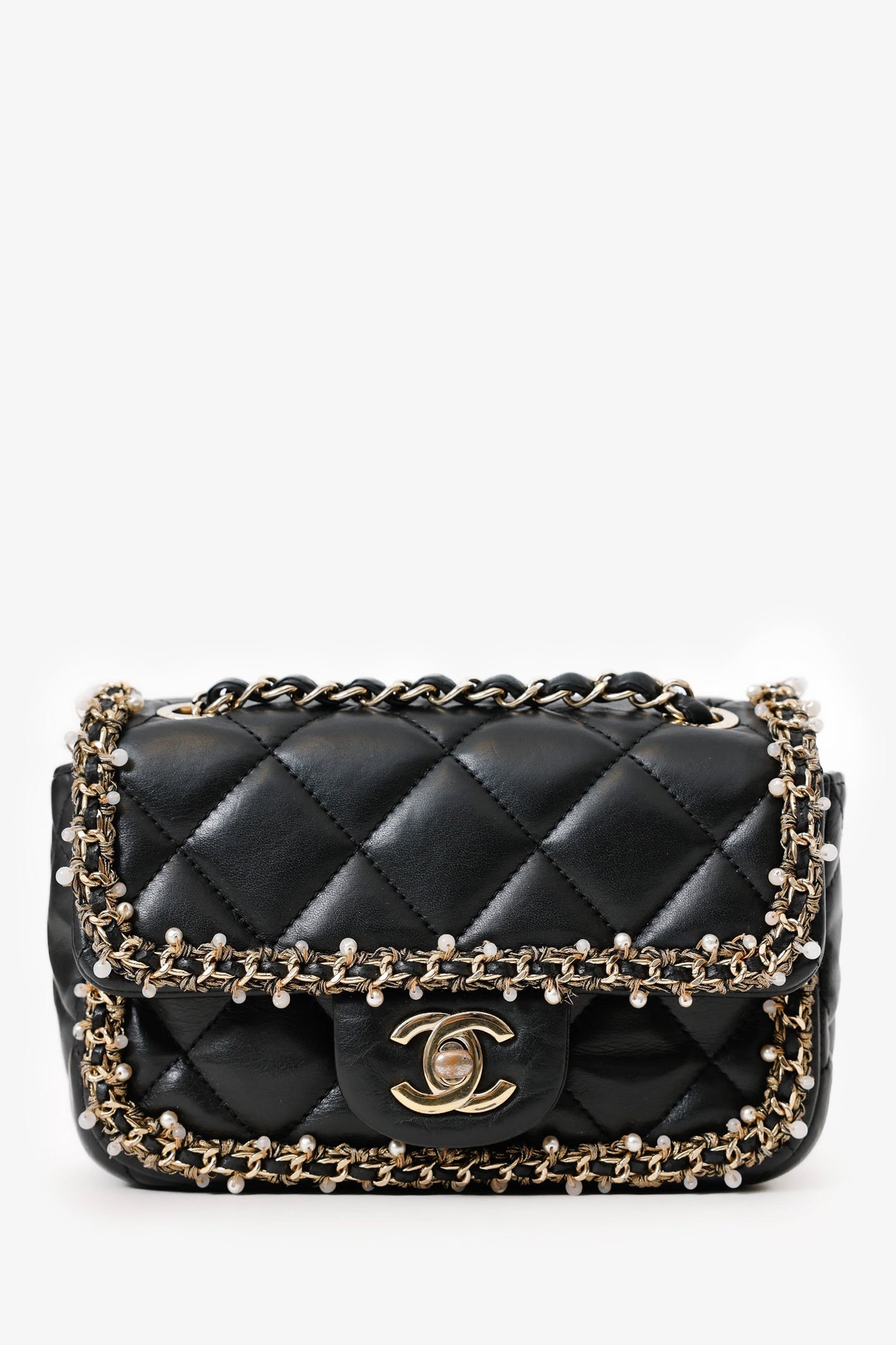 Chanel™ Black Lambskin Pearl Chain Around Square Flap Bag