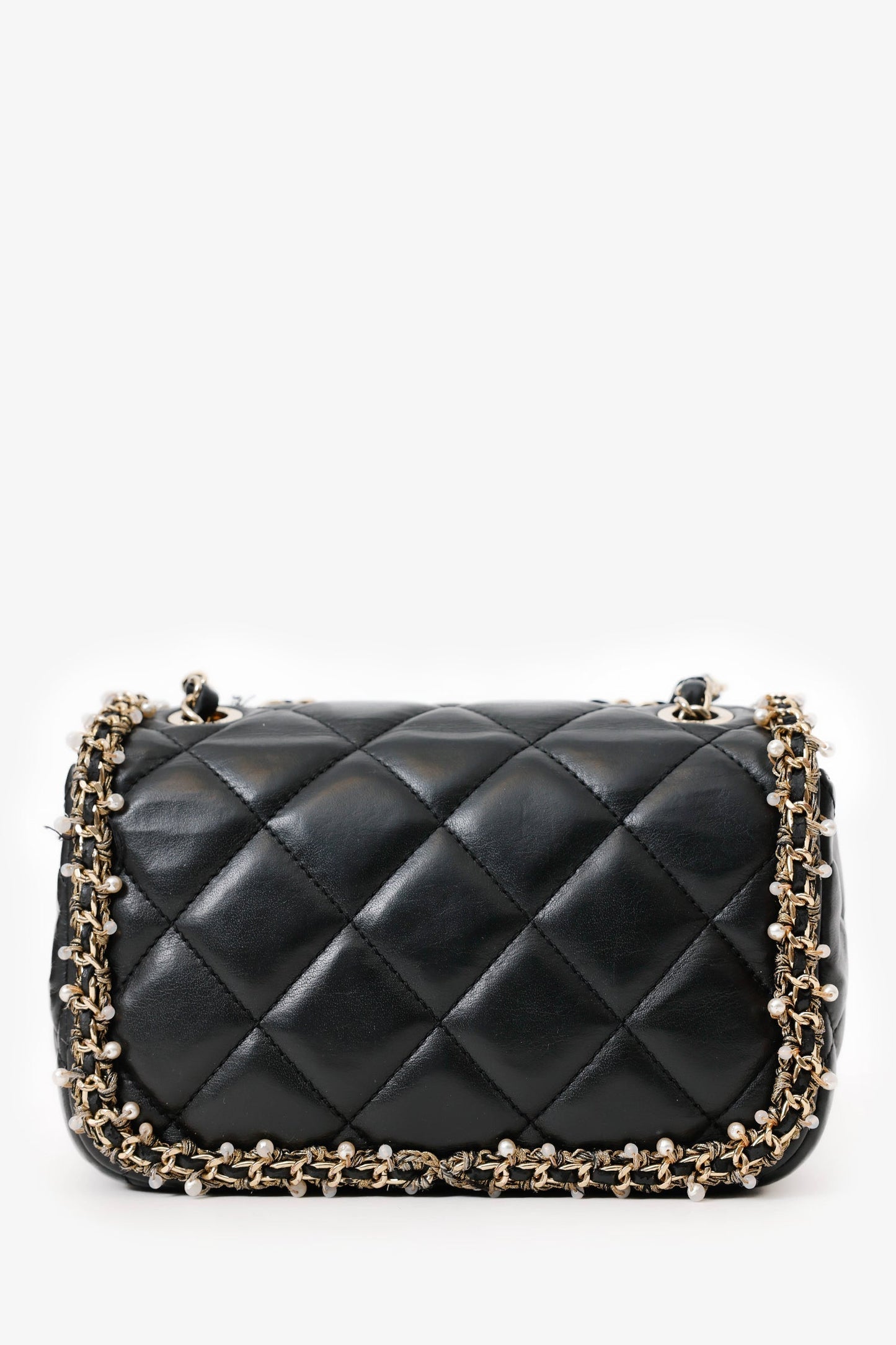 Chanel™ Black Lambskin Pearl Chain Around Square Flap Bag