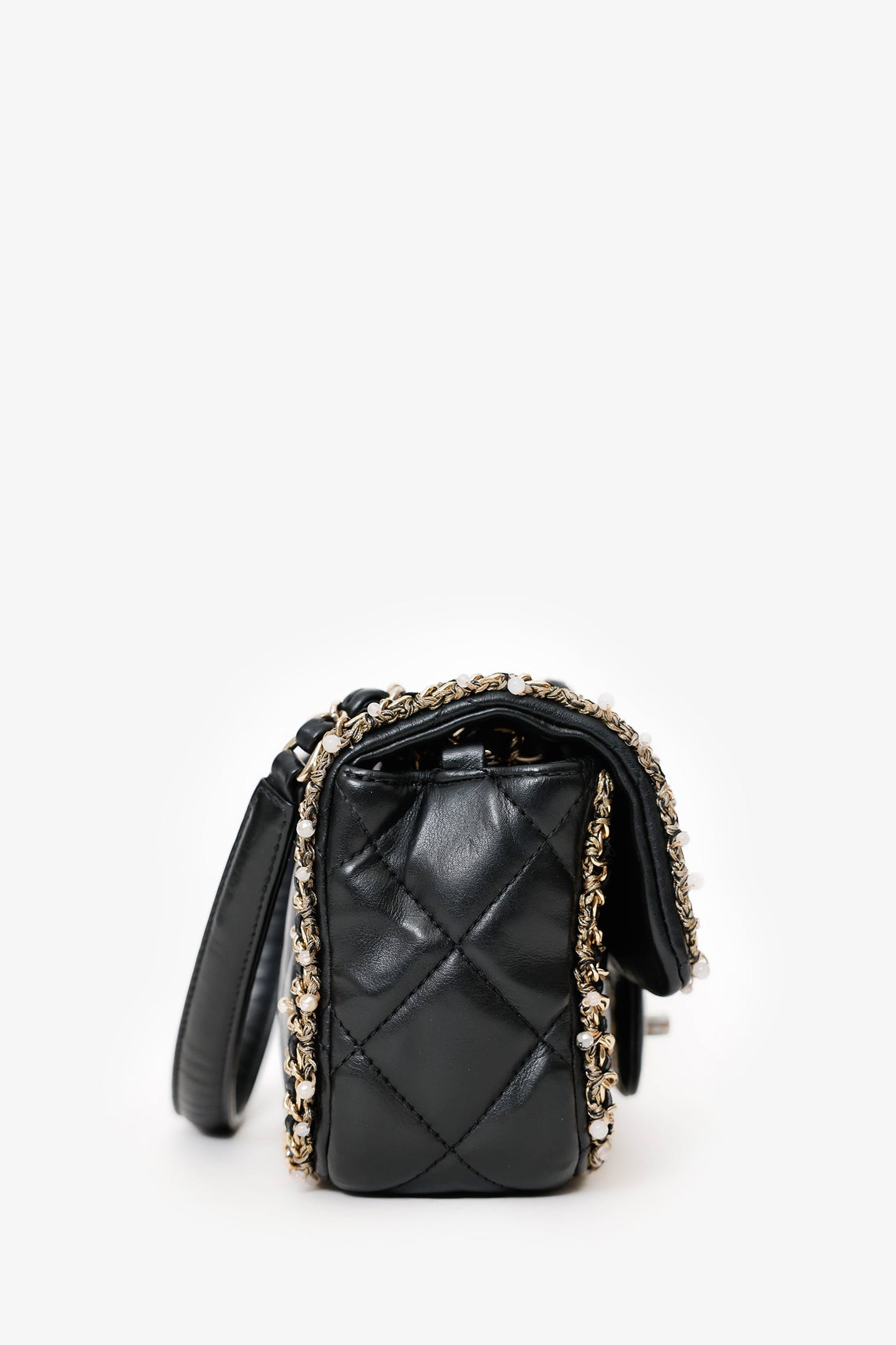 Chanel™ Black Lambskin Pearl Chain Around Square Flap Bag