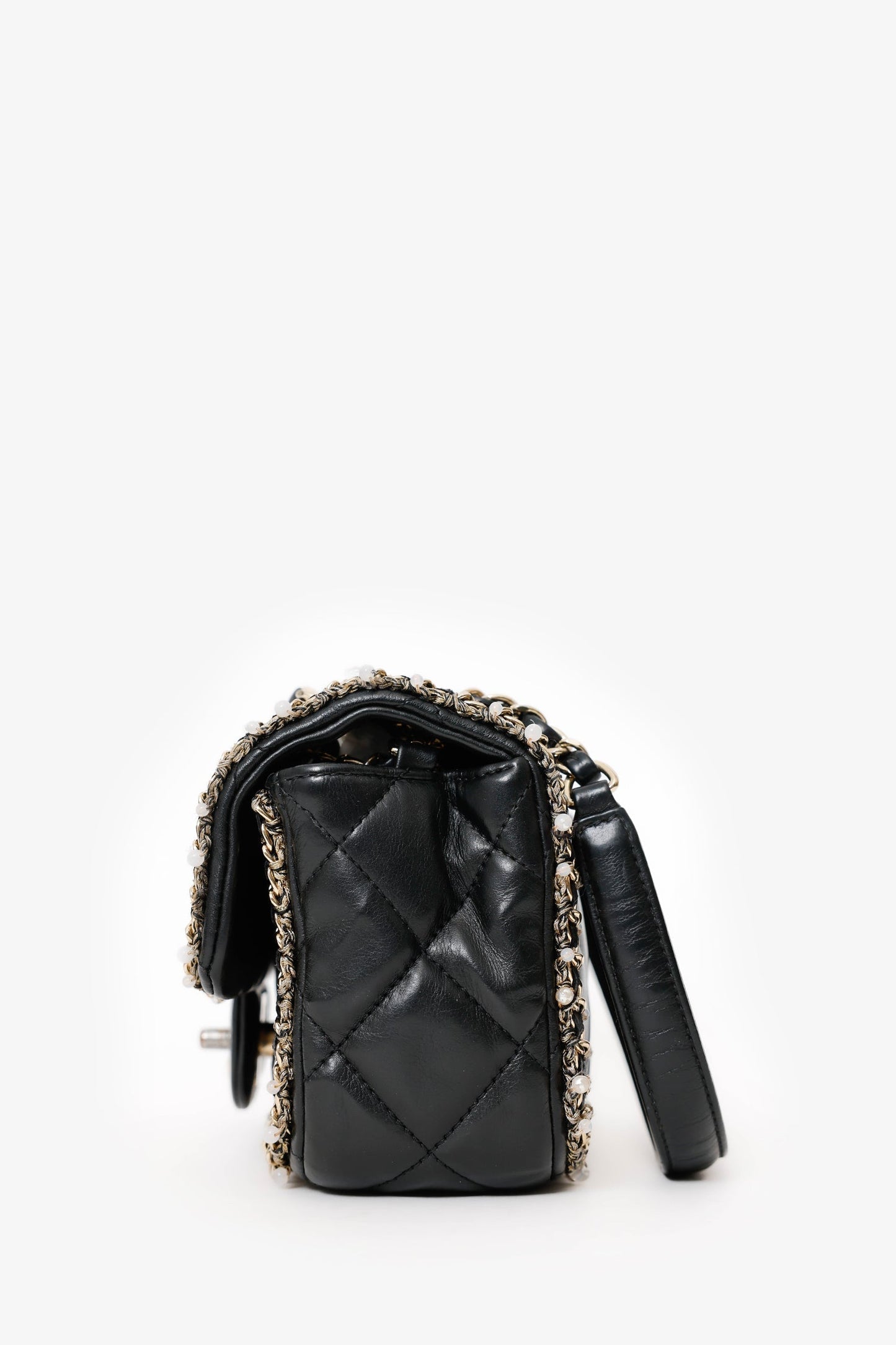 Chanel™ Black Lambskin Pearl Chain Around Square Flap Bag