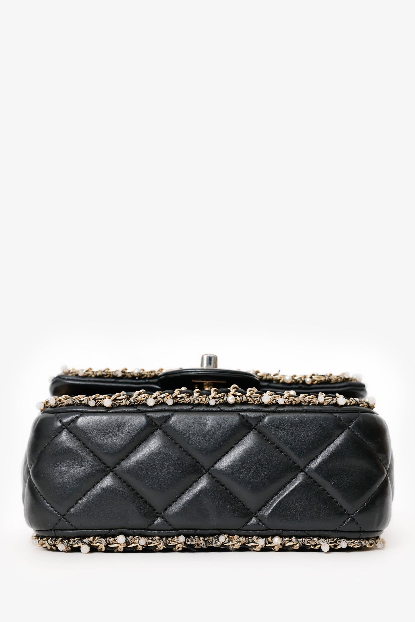 Chanel™ Black Lambskin Pearl Chain Around Square Flap Bag