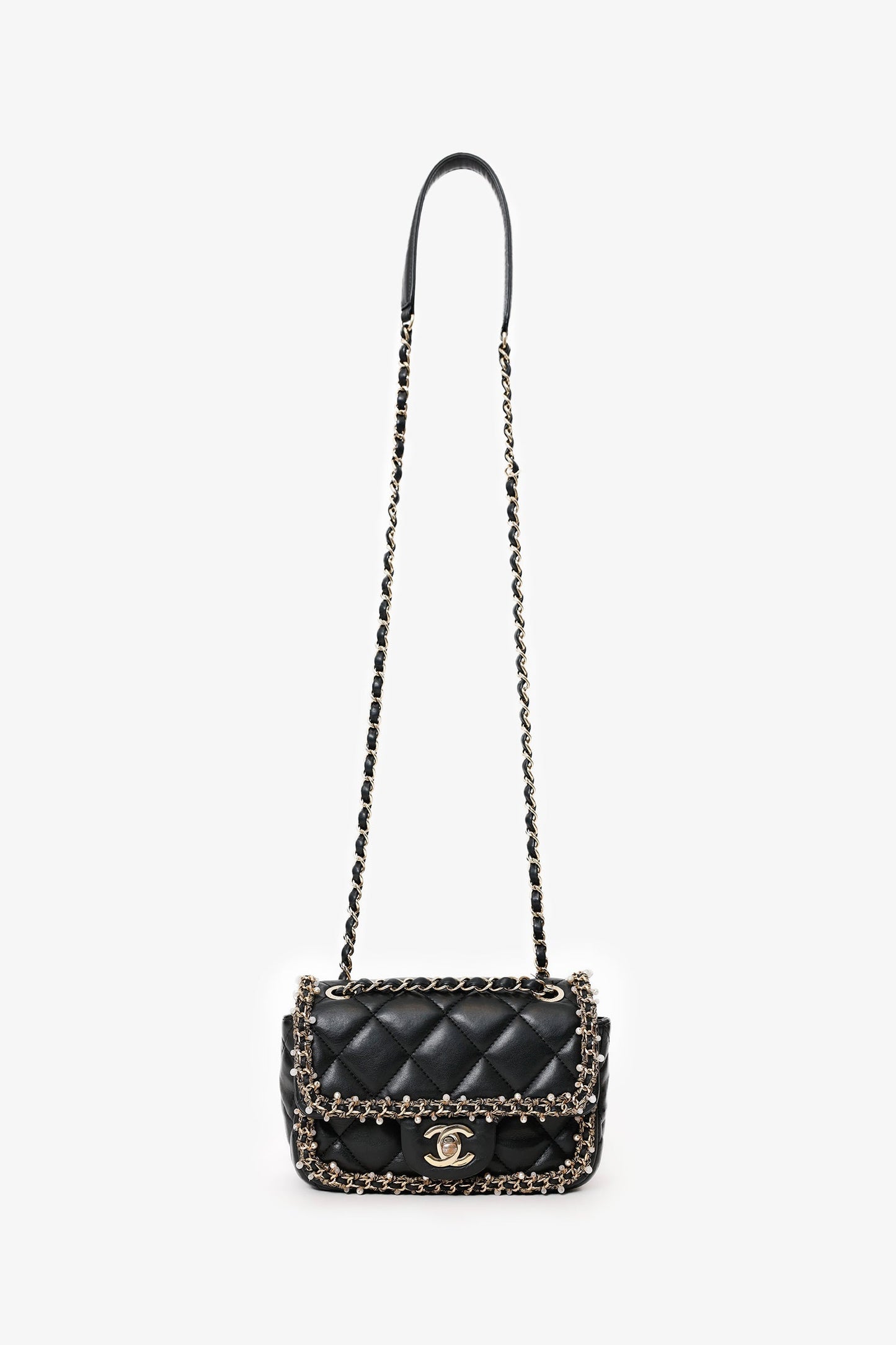 Chanel™ Black Lambskin Pearl Chain Around Square Flap Bag