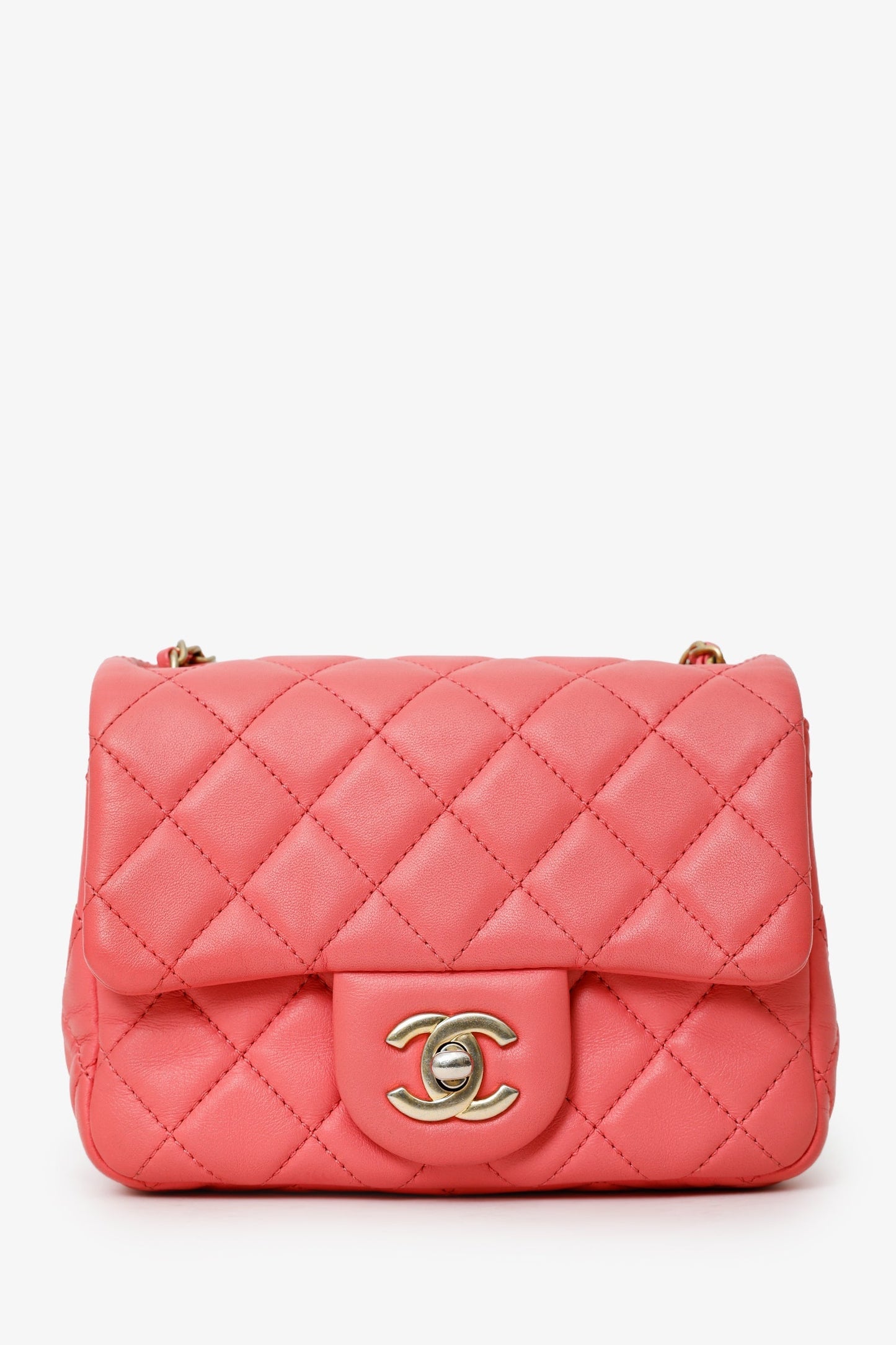 Chanel™ 2021 Pink Quilted Lambskin Mini Square Pearl Crush Flap Bag