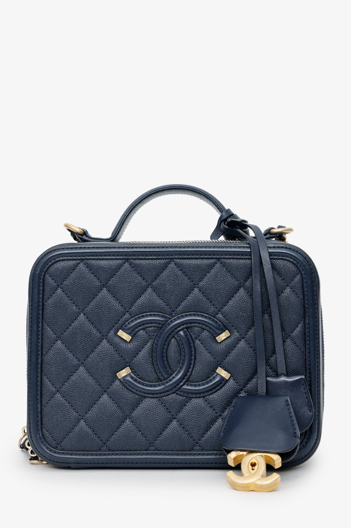 Chanel™ 2018 Navy Caviar Medium Filigree Vanity Case Bag