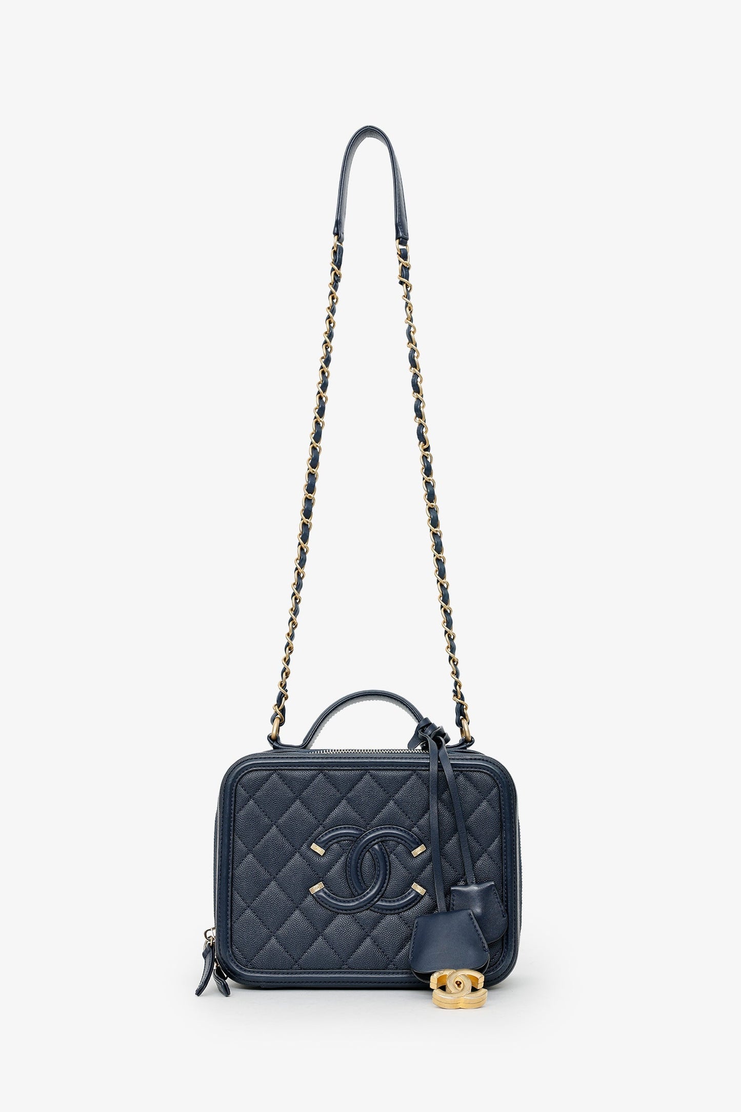Chanel™ 2018 Navy Caviar Medium Filigree Vanity Case Bag