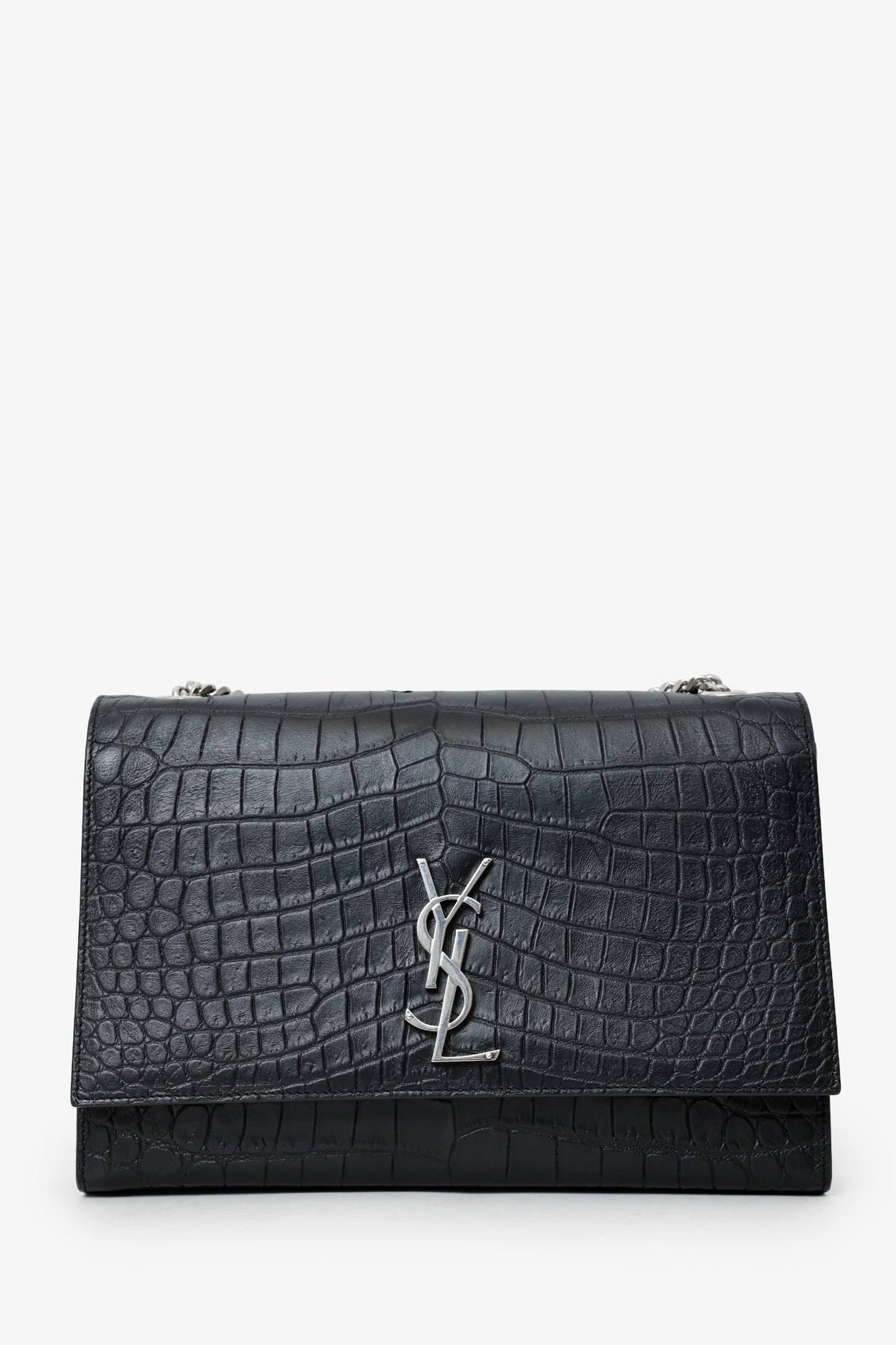 Saint Laurent Black Embossed Leather Large Kate Flap Bag