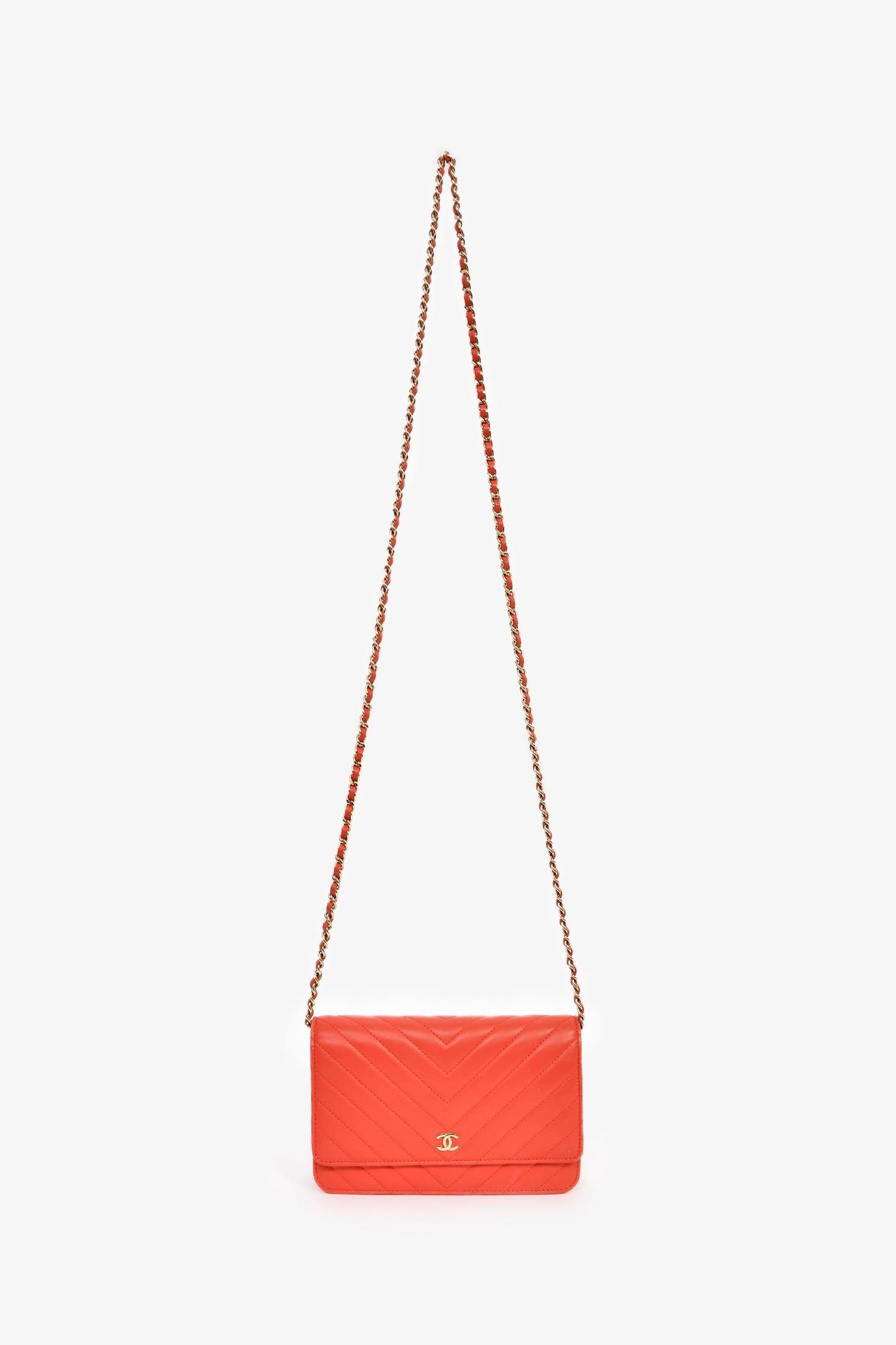 Chanel™ 2016-17 Red Lambskin Chevron Quilted "Trendy" Wallet on Chain