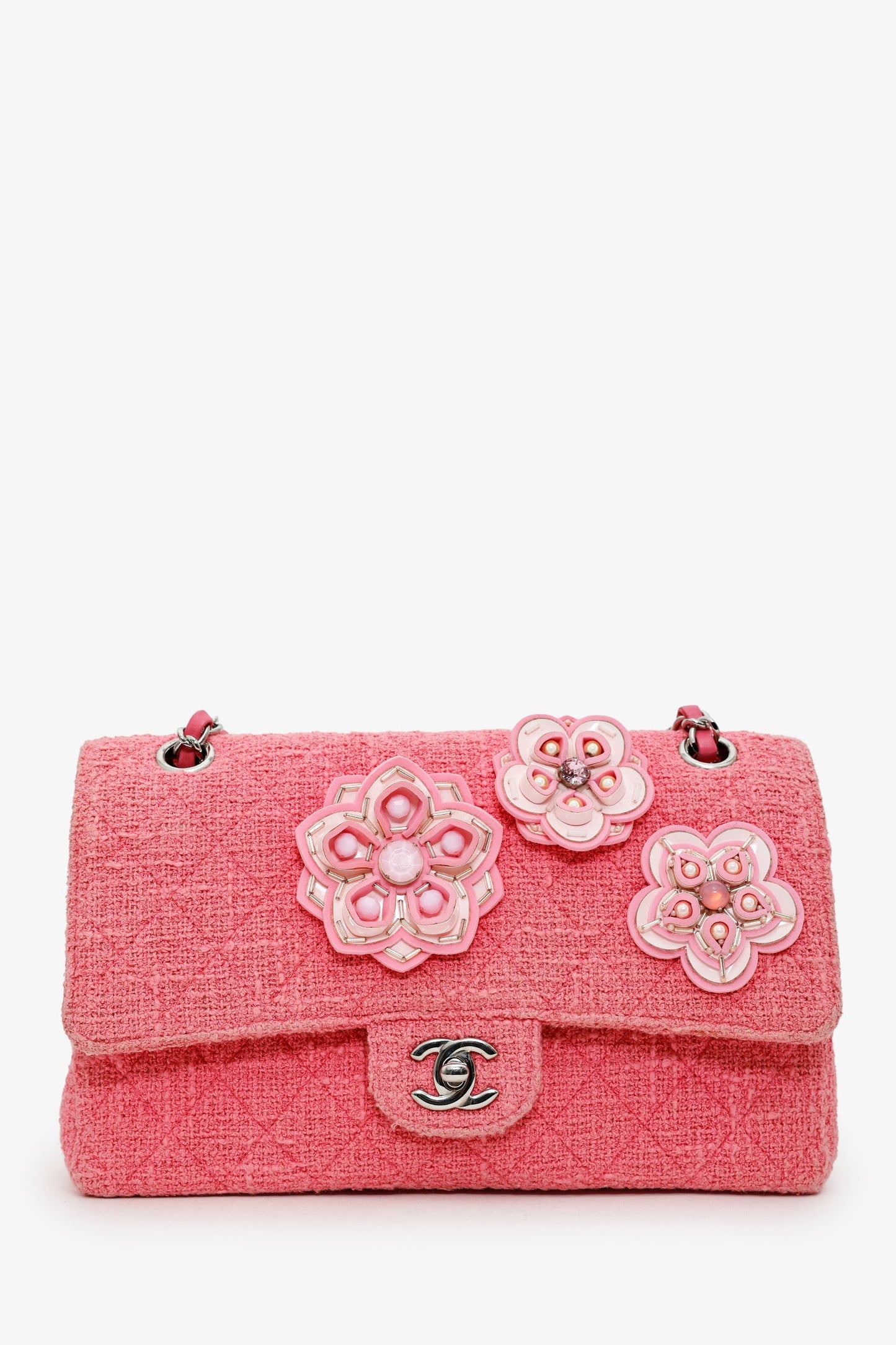 Chanel™ 2016 Pink Tweed Flower Classic Double Medium Flap Bag