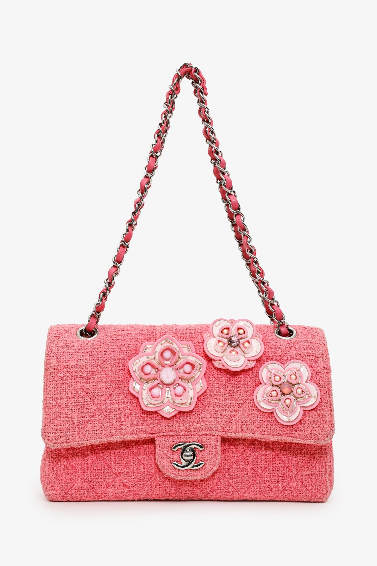 Chanel™ 2016 Pink Tweed Flower Classic Double Medium Flap Bag