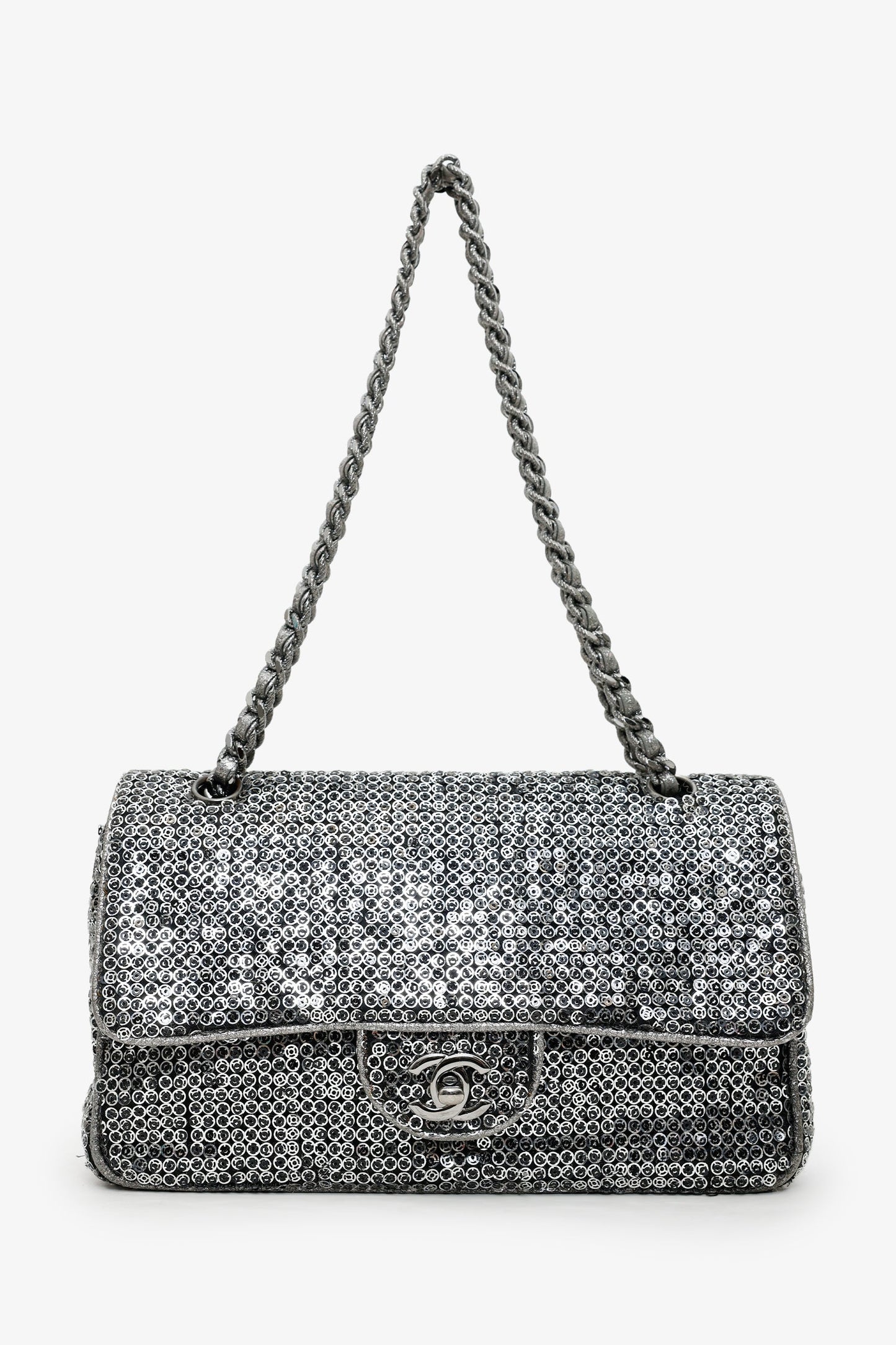 Chanel™ 2006-08 Silver Metallic Sequin Classic Single Flap Bag