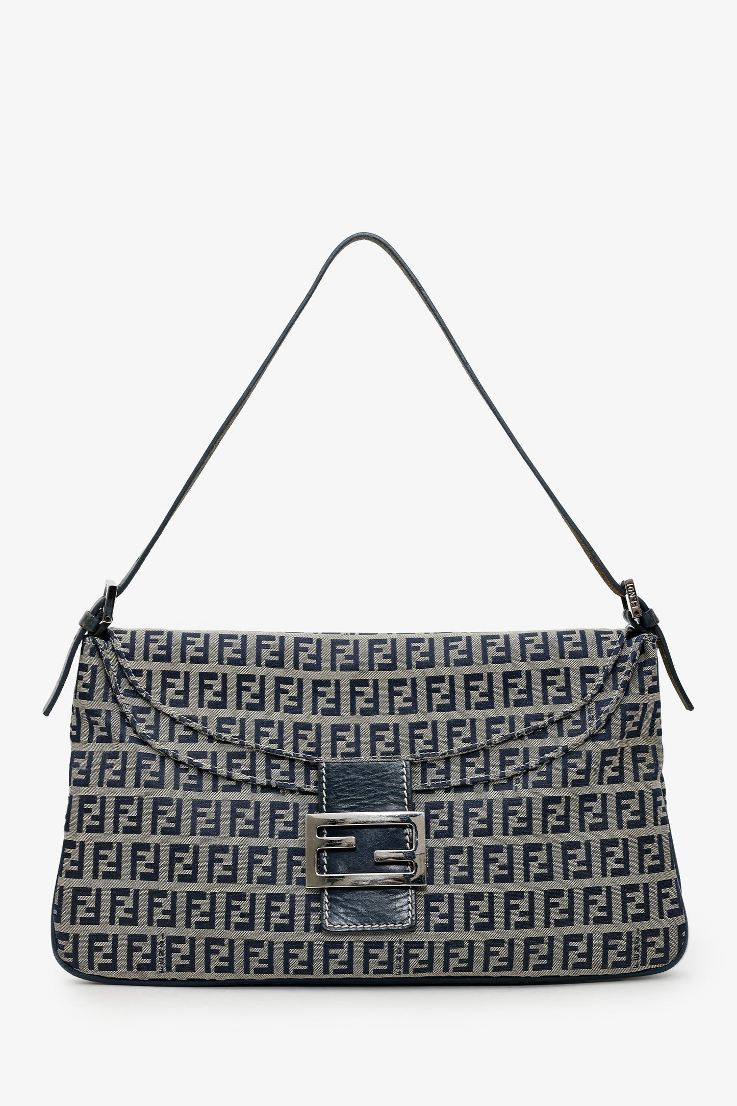 Fendi Navy Zucchino FF Double Flap Baguette Shoulder Bag