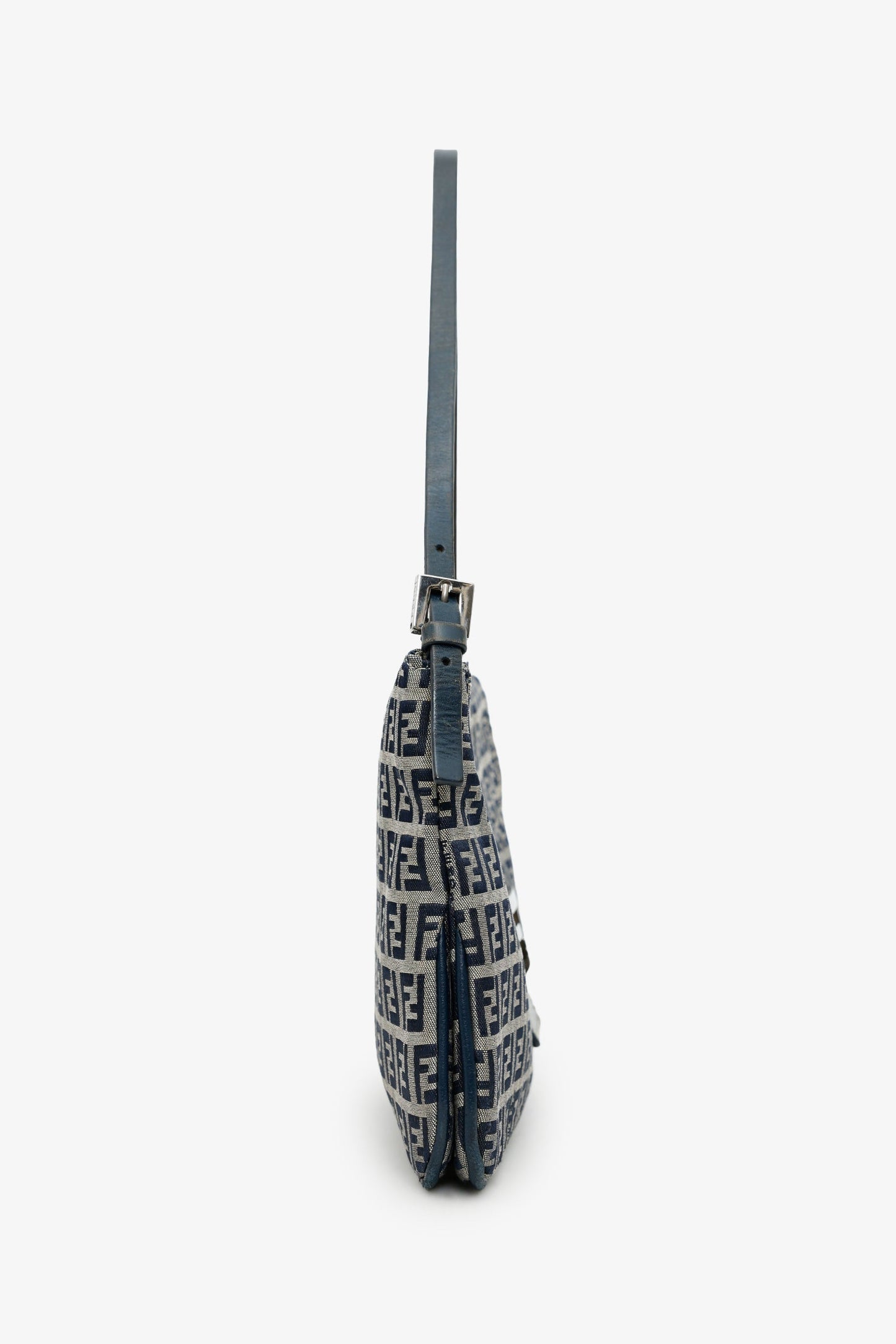 Fendi Navy Zucchino FF Double Flap Baguette Shoulder Bag