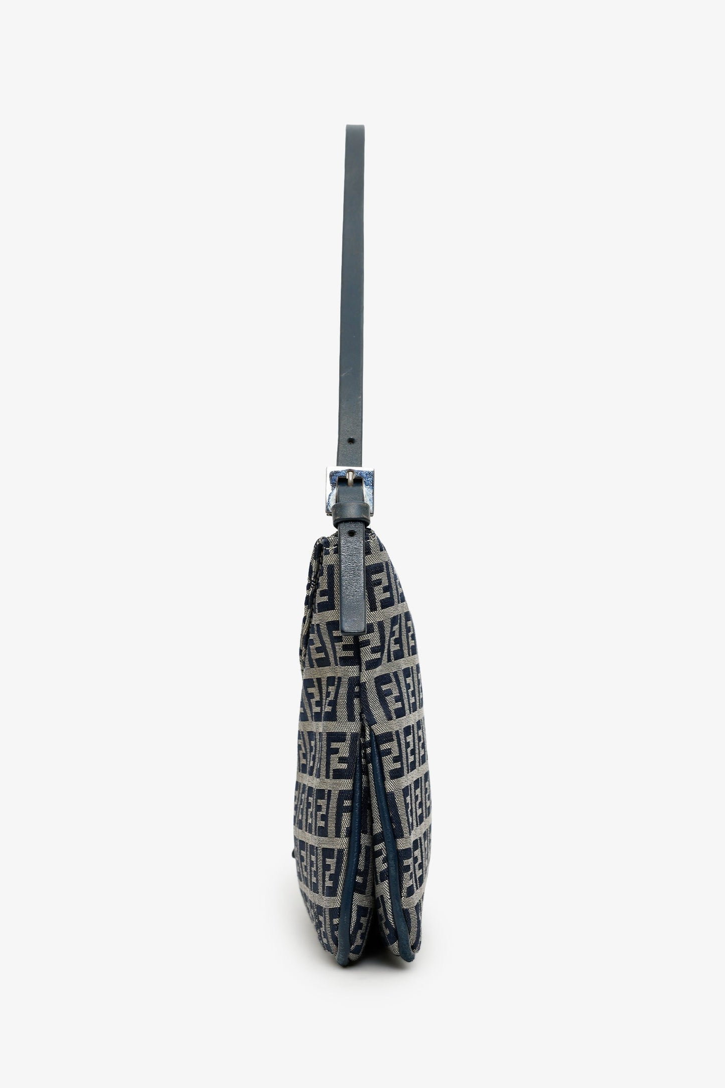 Fendi Navy Zucchino FF Double Flap Baguette Shoulder Bag