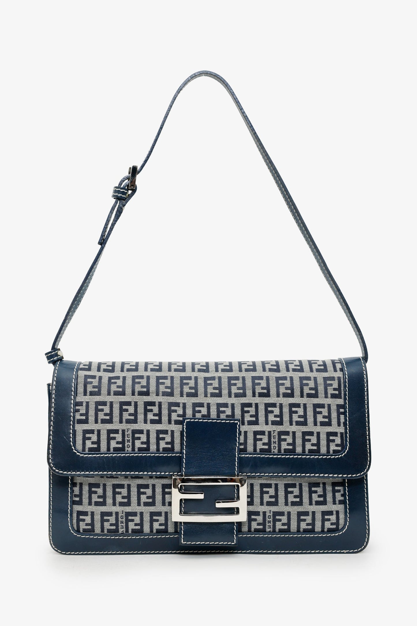Fendi Navy Zucchino FF Leather Trimmed Baguette Shoulder Bag