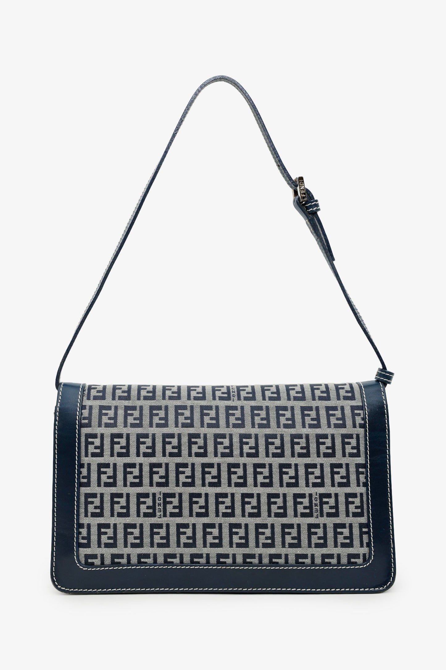 Fendi Navy Zucchino FF Leather Trimmed Baguette Shoulder Bag