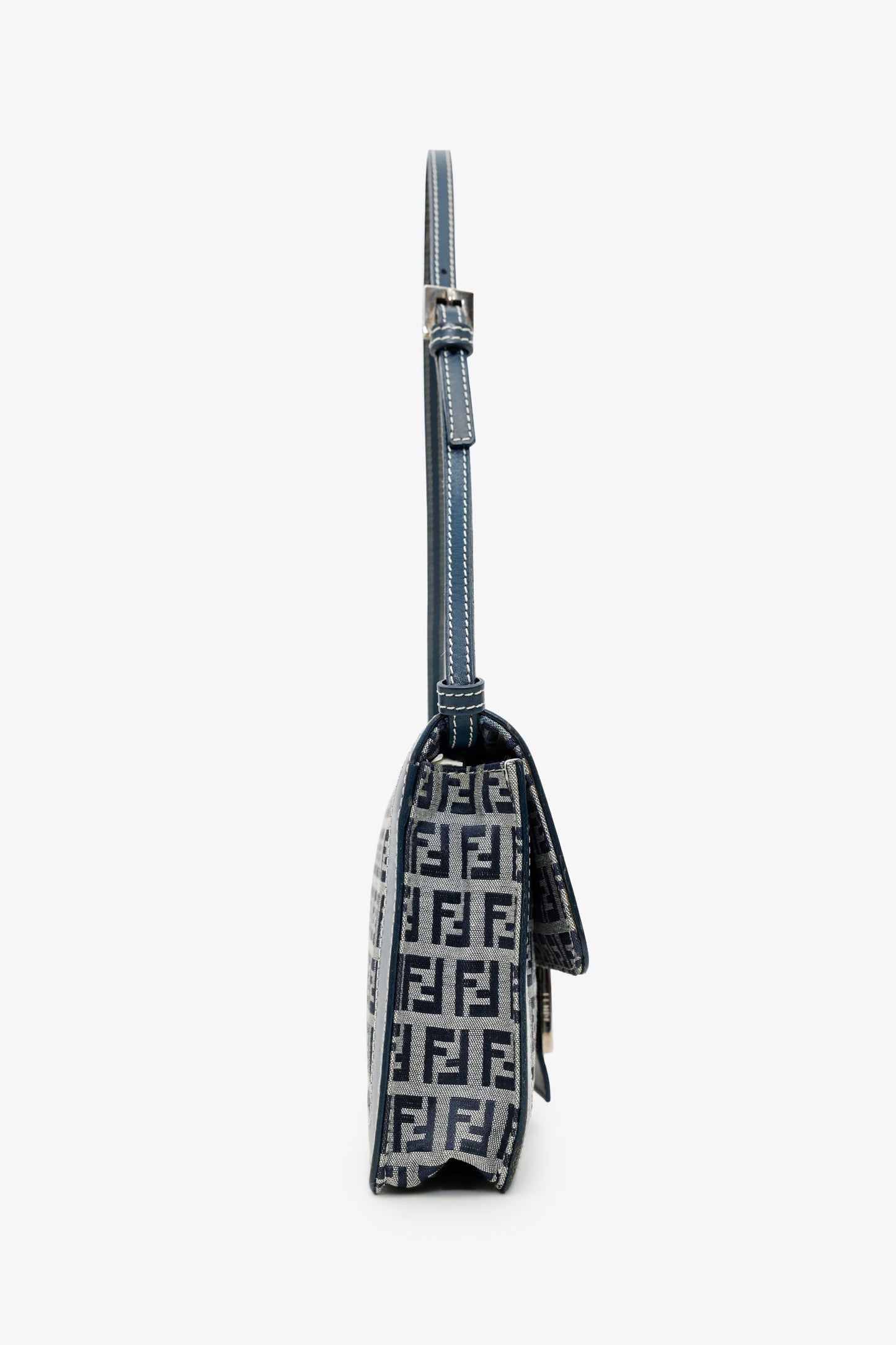 Fendi Navy Zucchino FF Leather Trimmed Baguette Shoulder Bag