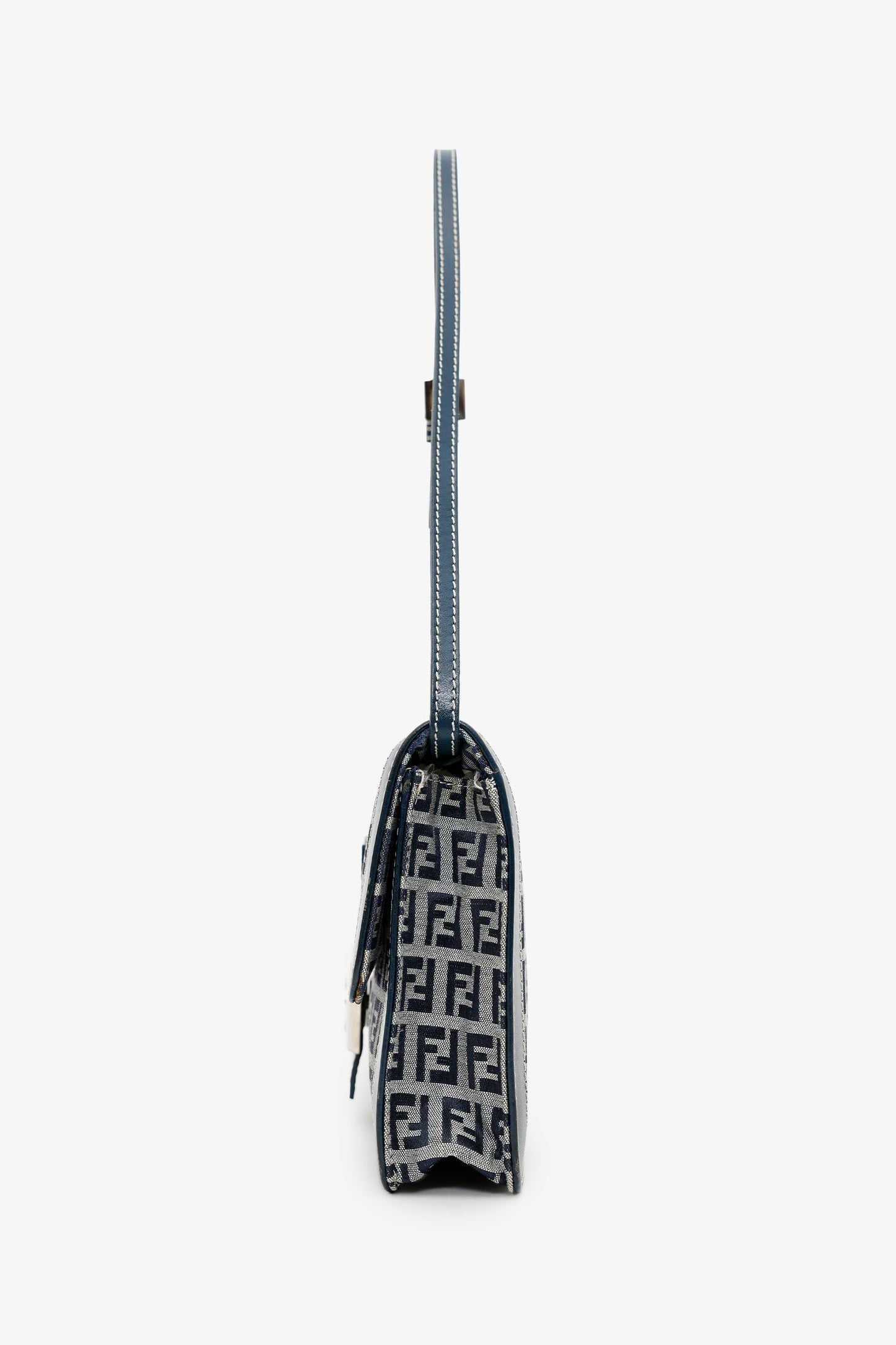 Fendi Navy Zucchino FF Leather Trimmed Baguette Shoulder Bag
