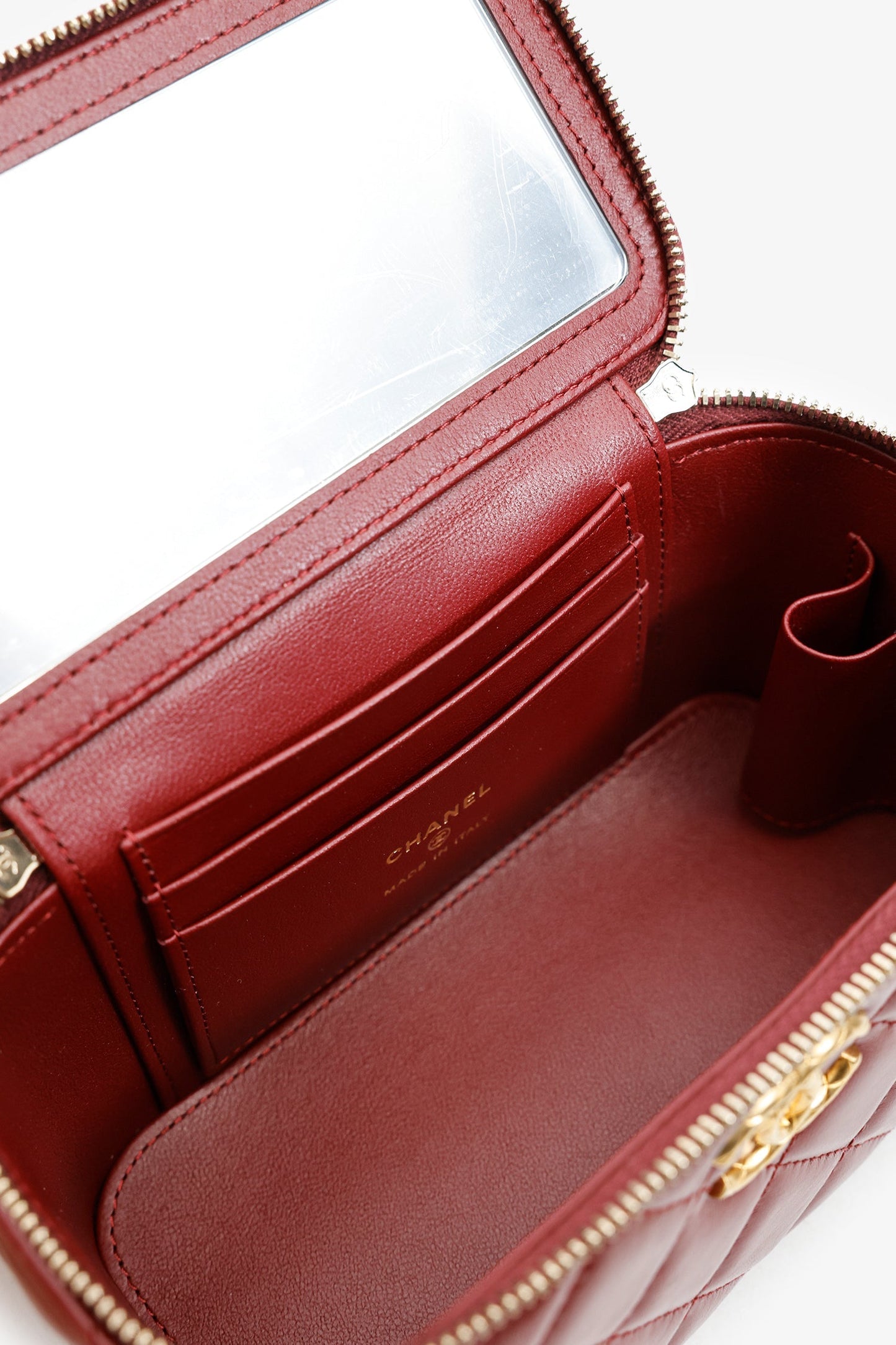 Chanel™ Red Lambskin Quilted Small Pillow Crush Vanity Case With Chain