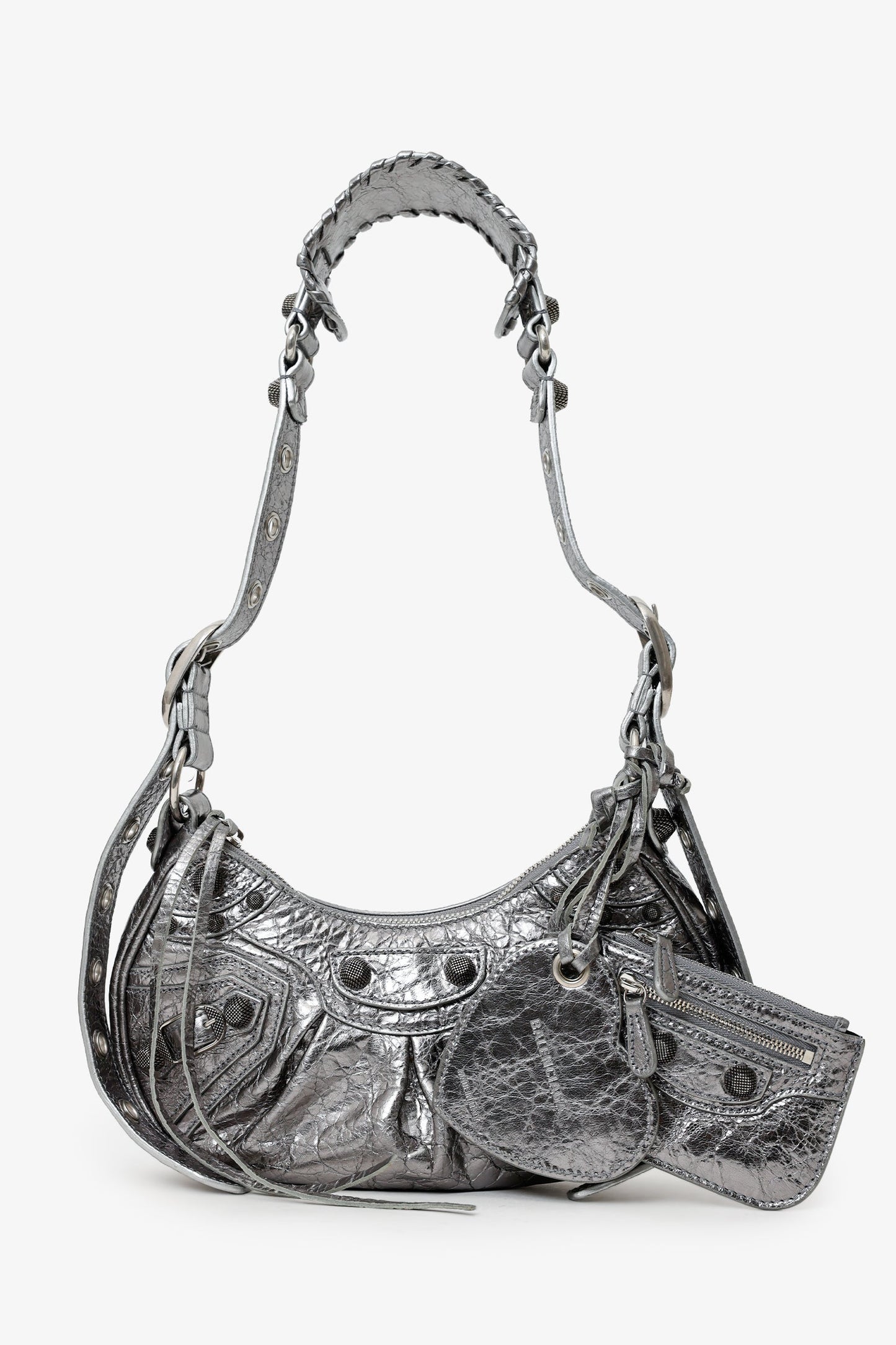 Balenciaga Silver Metallic Leather Studded 'Cagole' Shoulder Bag