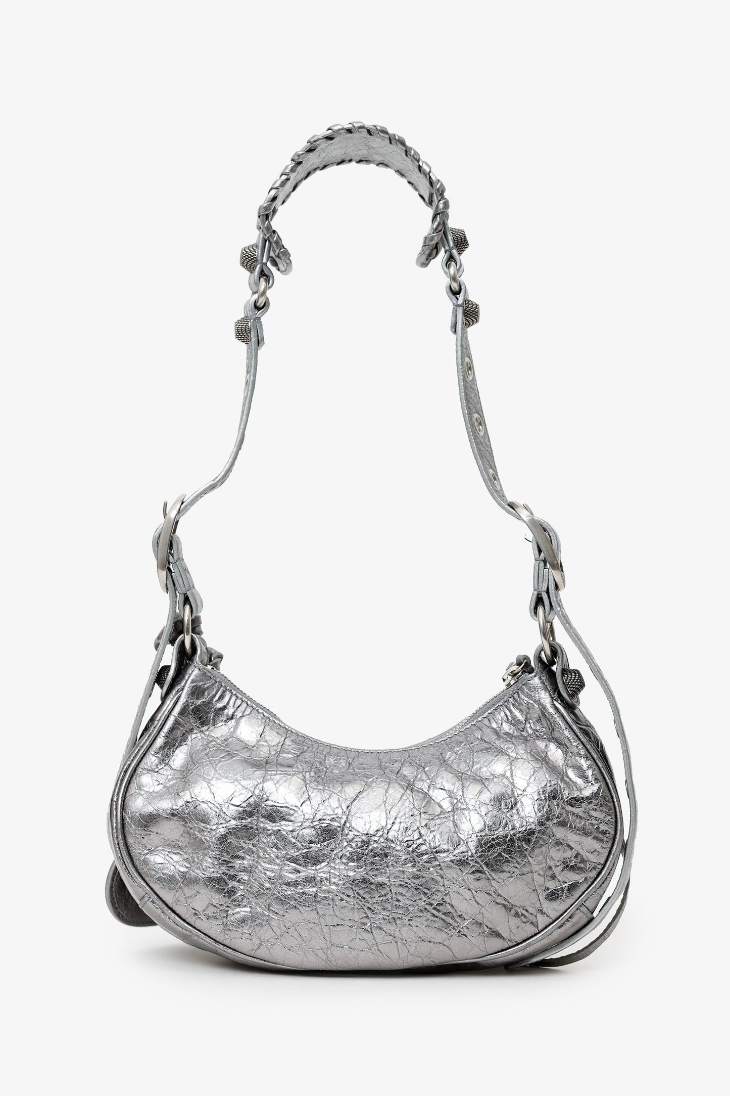 Balenciaga Silver Metallic Leather Studded 'Cagole' Shoulder Bag