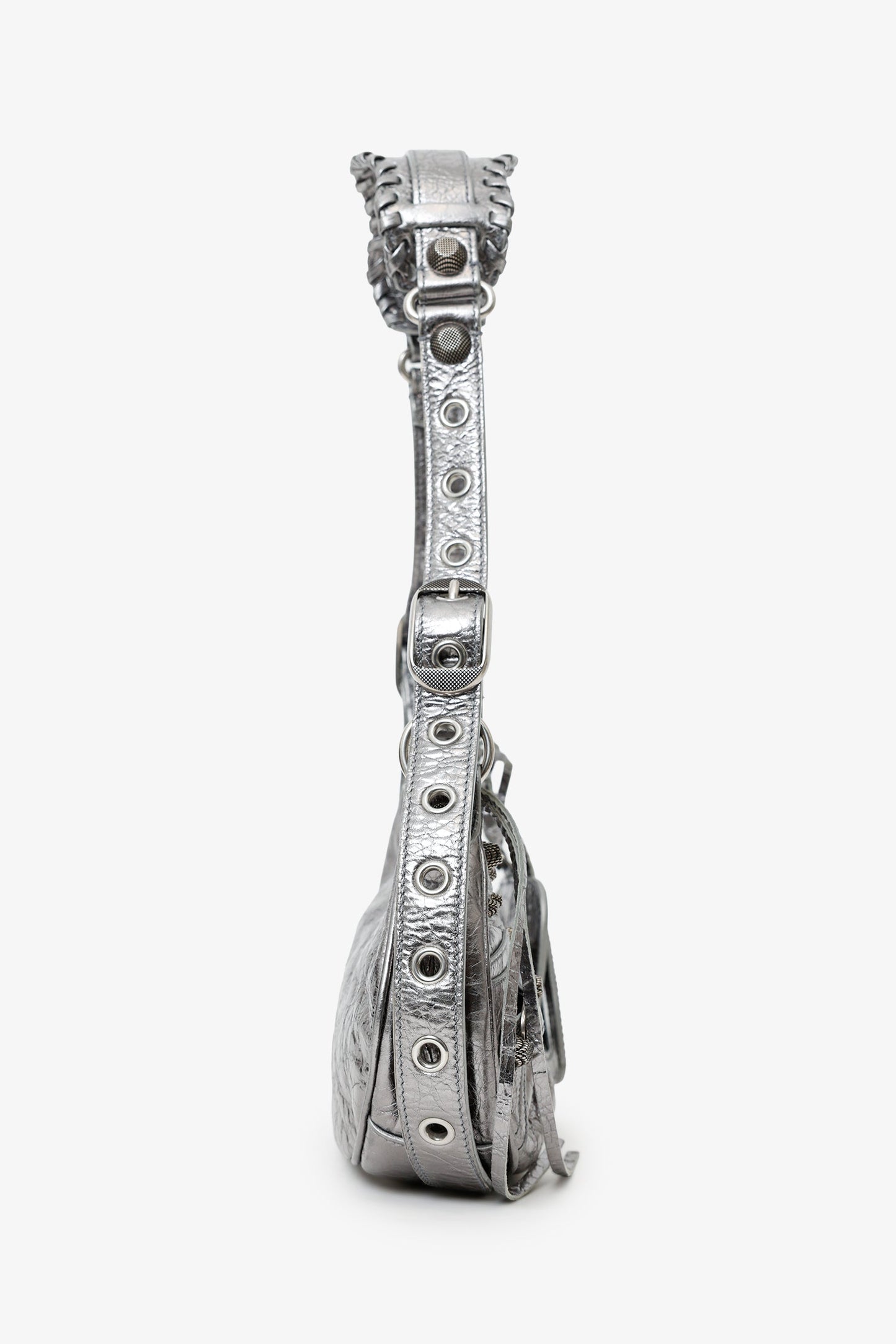 Balenciaga Silver Metallic Leather Studded 'Cagole' Shoulder Bag