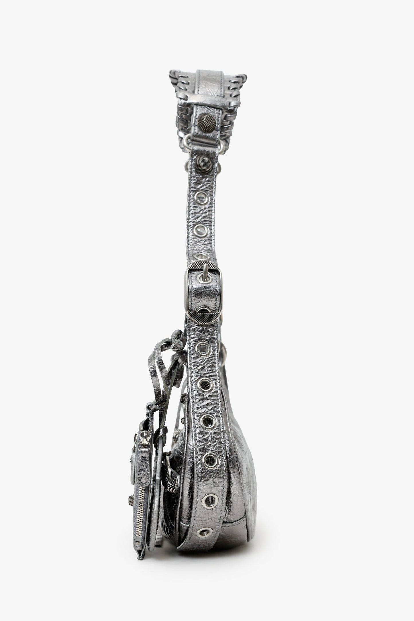 Balenciaga Silver Metallic Leather Studded 'Cagole' Shoulder Bag