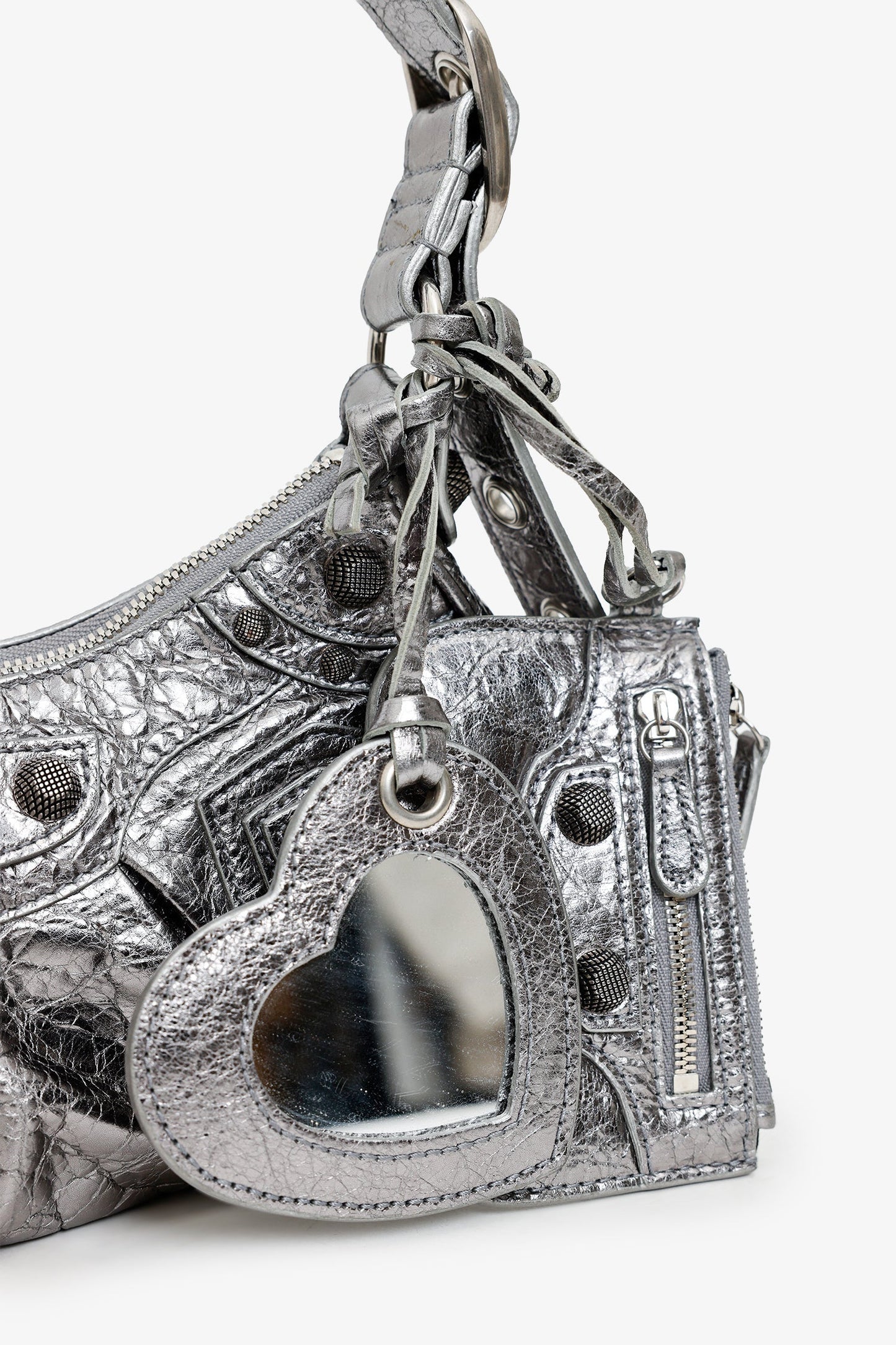 Balenciaga Silver Metallic Leather Studded 'Cagole' Shoulder Bag