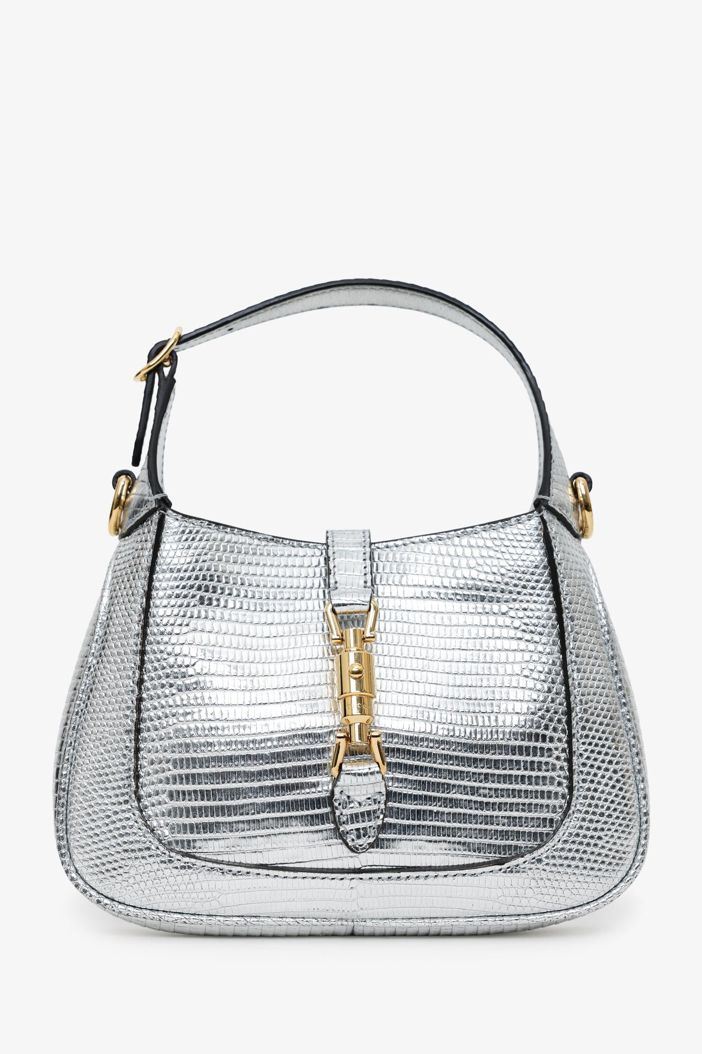Gucci Silver Metallic Lizard Mini Jackie 1961 Shoulder Bag With Chain
