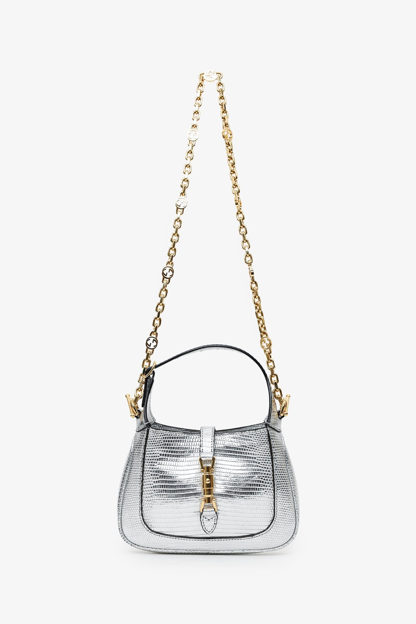 Gucci Silver Metallic Lizard Mini Jackie 1961 Shoulder Bag With Chain