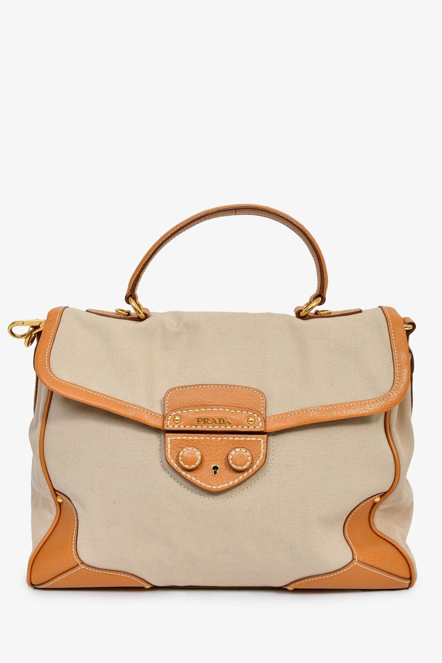 Prada Beige Canvas/Tan Leather Top Handle Messenger Bag