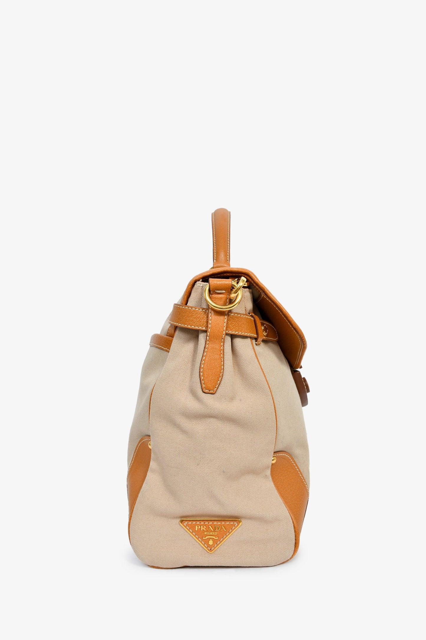 Prada Beige Canvas/Tan Leather Top Handle Messenger Bag